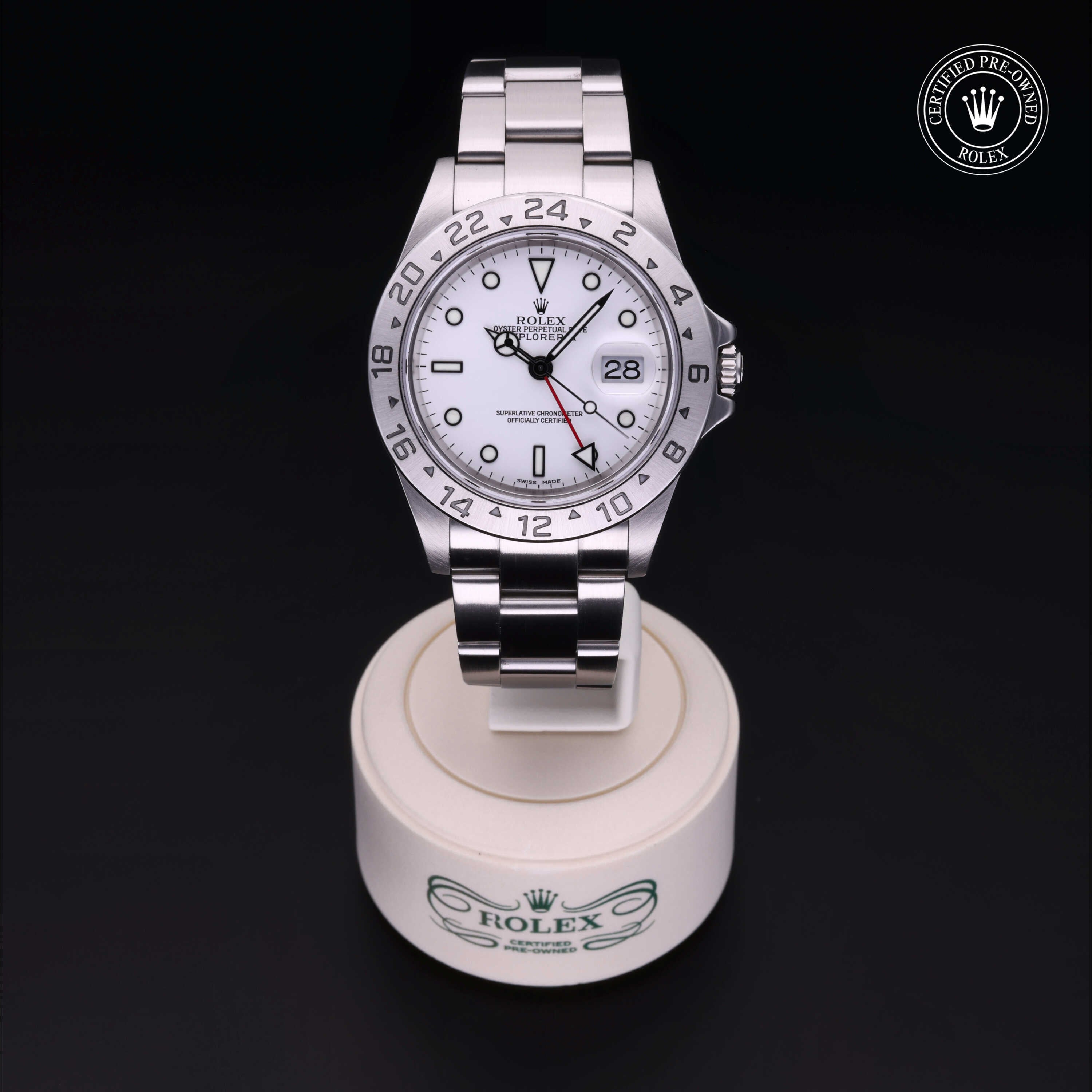 Rolex Certified Pre-owned Explorer M16570-0006 front on black background