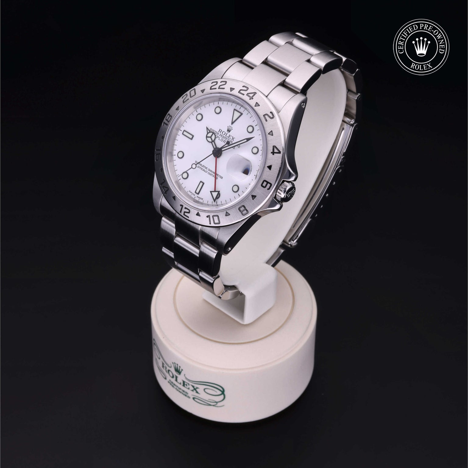 Rolex Certified Pre-owned Explorer M16570-0006 front on black background