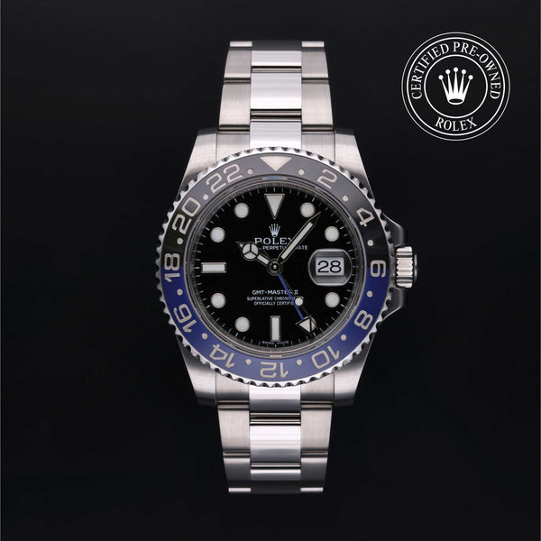 Rolex Certified Pre-owned GMT M116710BLNR-0002 front on black background
