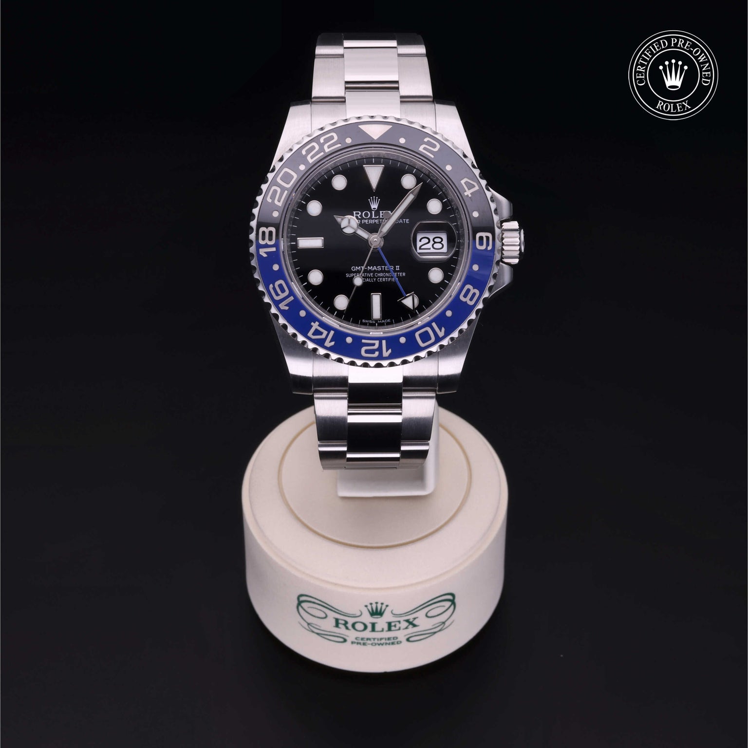Rolex Certified Pre-owned GMT M116710BLNR-0002 front on black background