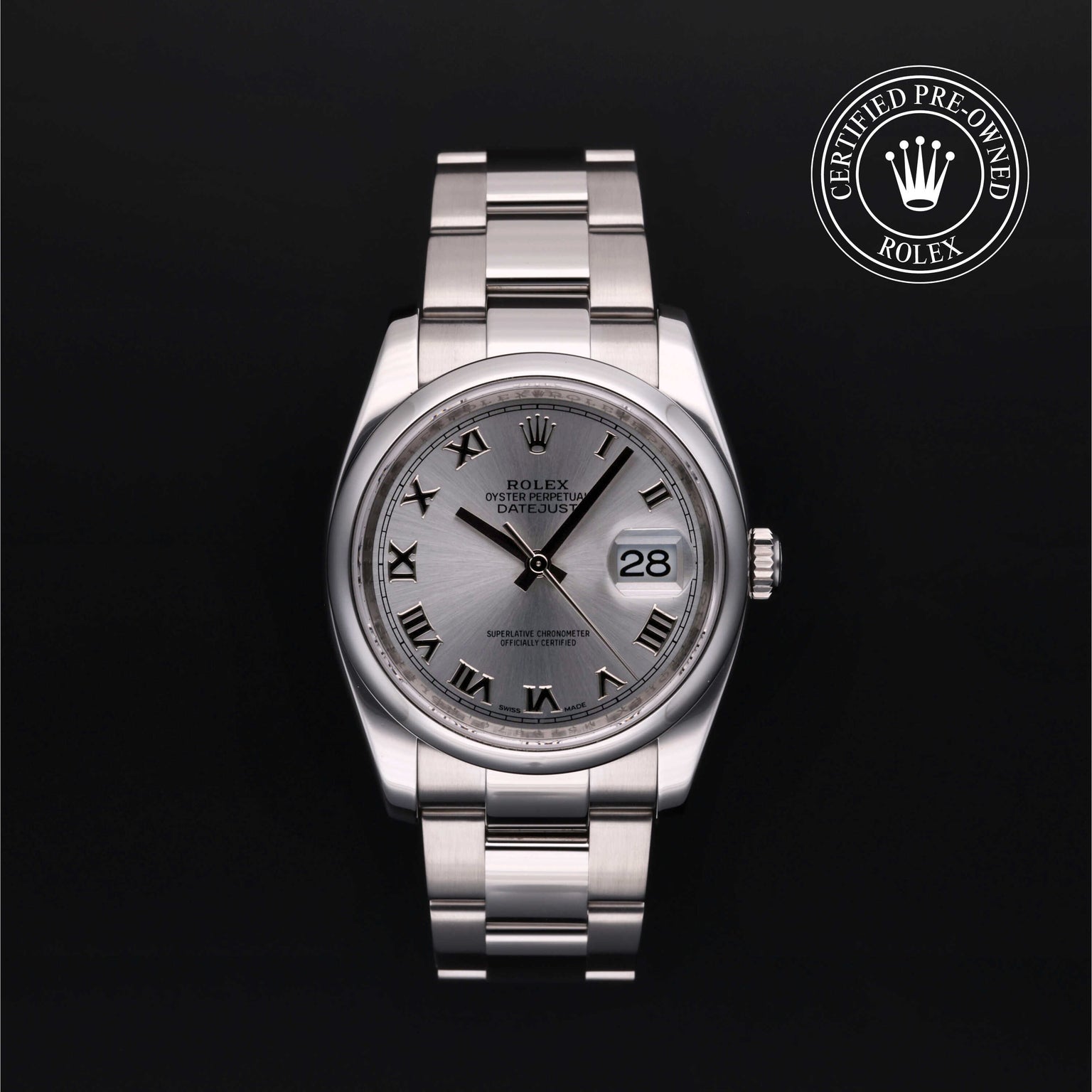 Rolex Certified Pre-owned Datejust M116200-0017 front on black background