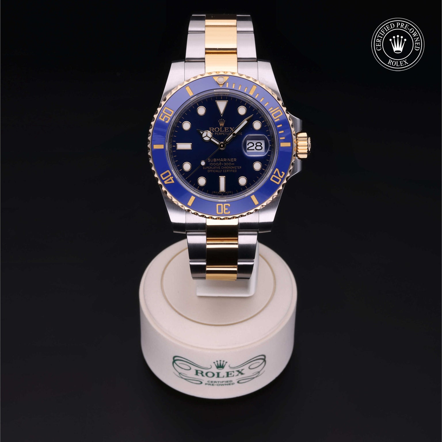 Rolex Certified Pre-owned Submariner M116613LB-0001 front on black background