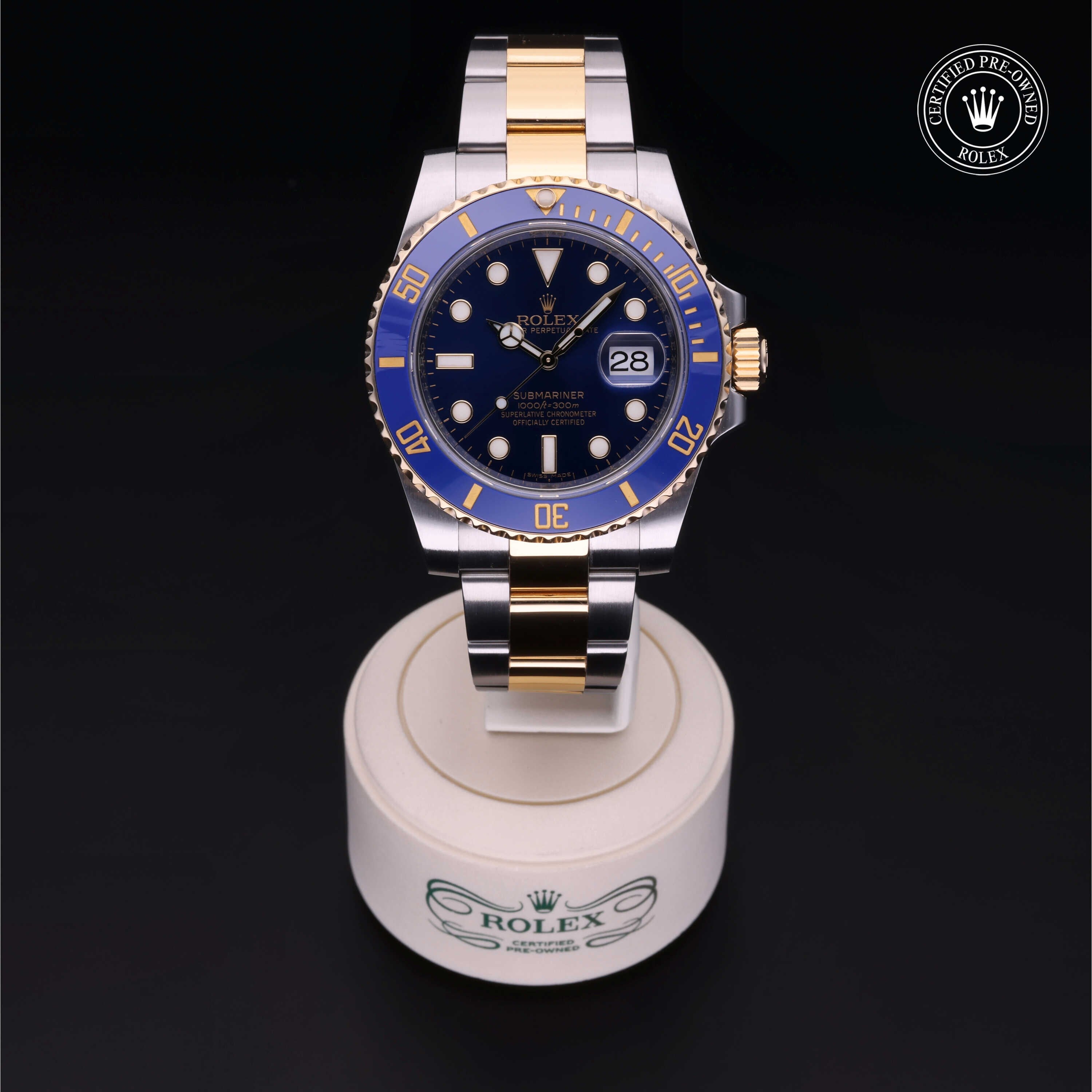 Rolex Certified Pre-owned Submariner M116613LB-0001 front on black background