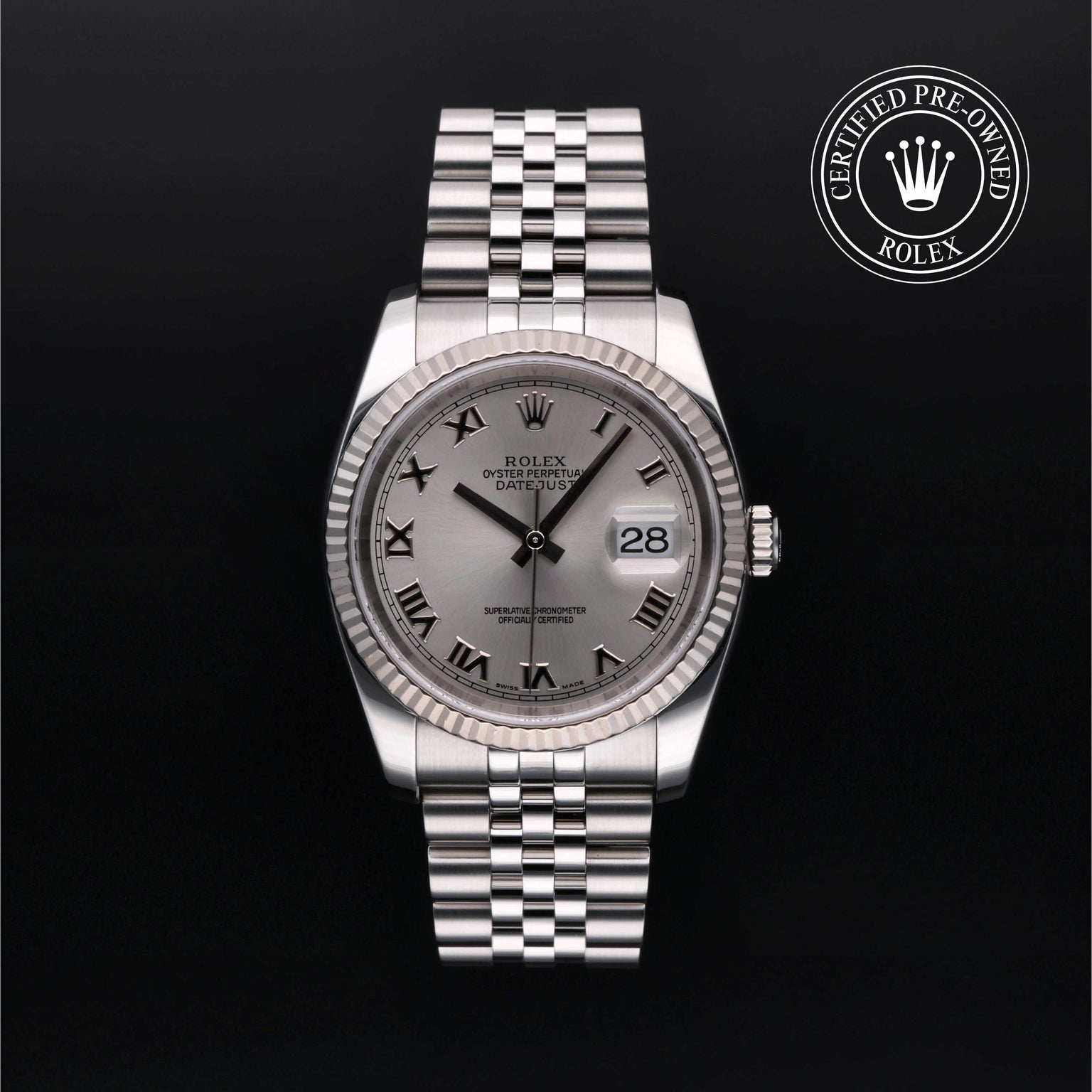 Rolex Certified Pre-owned Datejust M116234-0022 front on black background