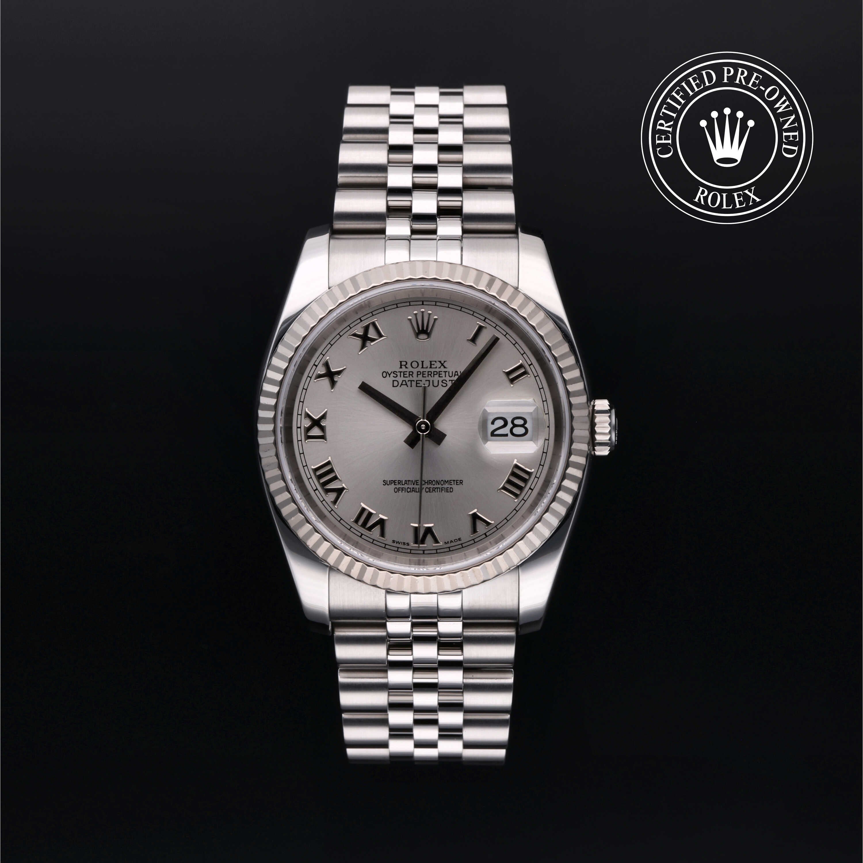 Rolex Certified Pre-owned Datejust M116234-0022 front on black background