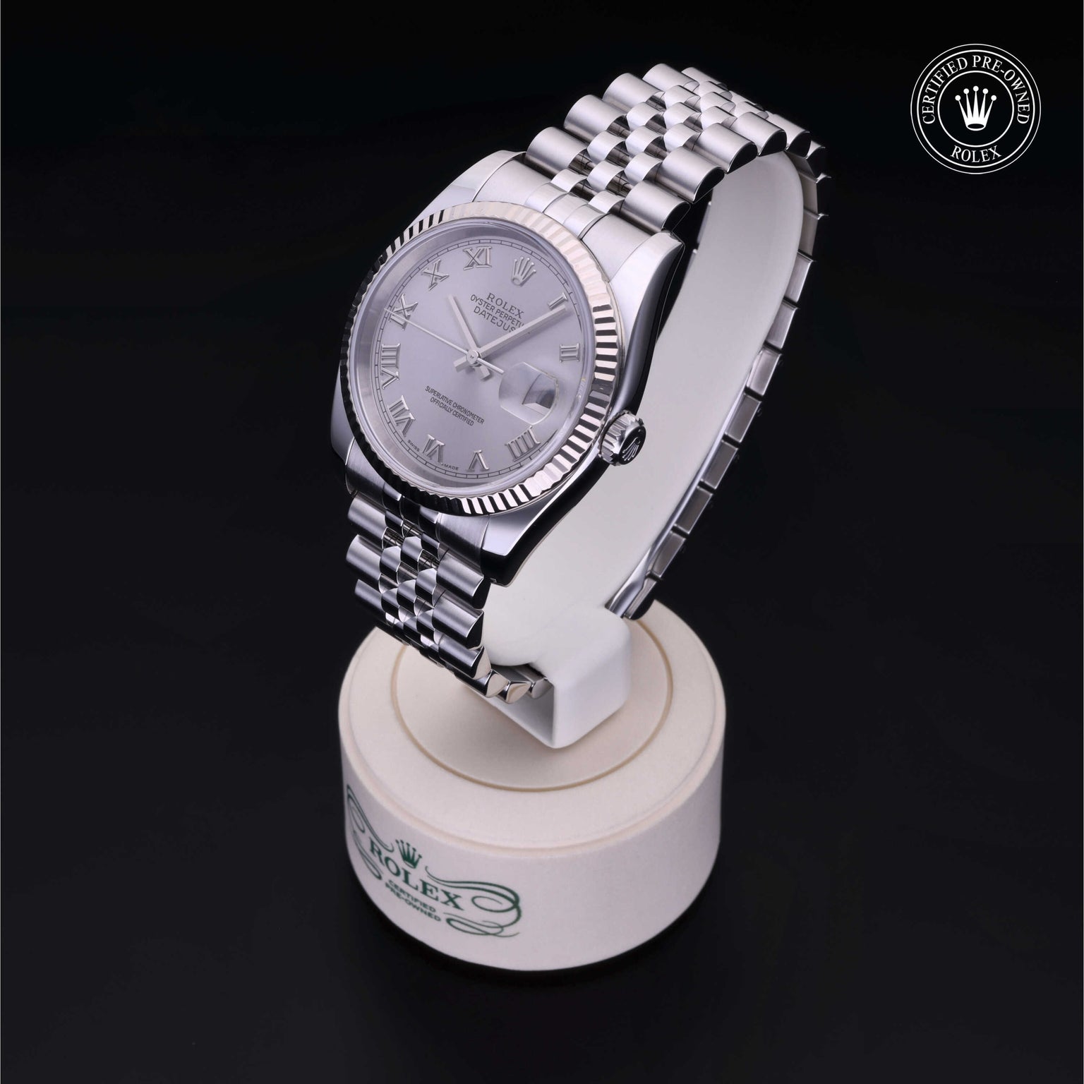 Rolex Certified Pre-owned Datejust M116234-0022 front on black background