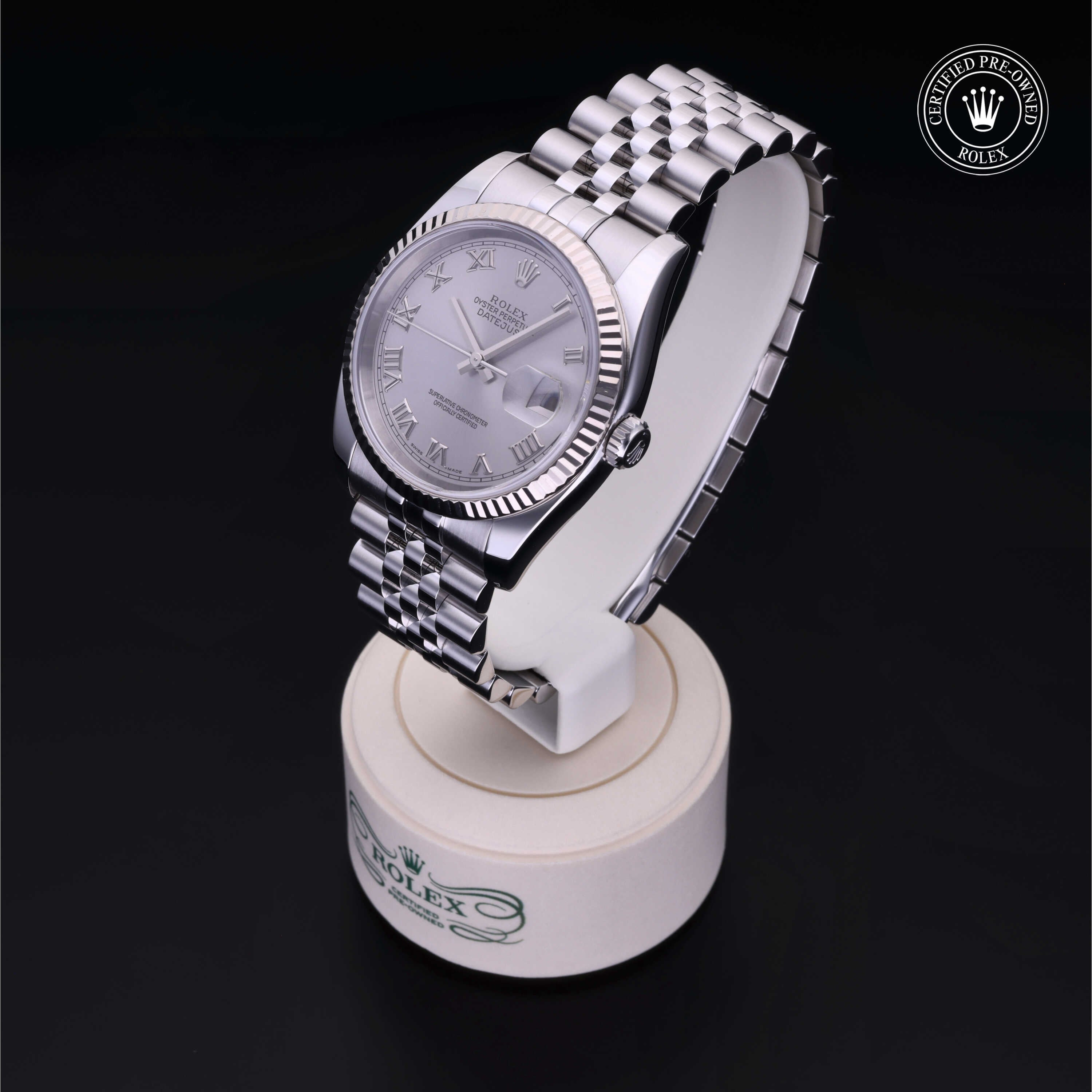 Rolex Certified Pre-owned Datejust M116234-0022 front on black background