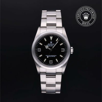 Rolex Certified Pre-owned Explorer M114270-0002 front on black background