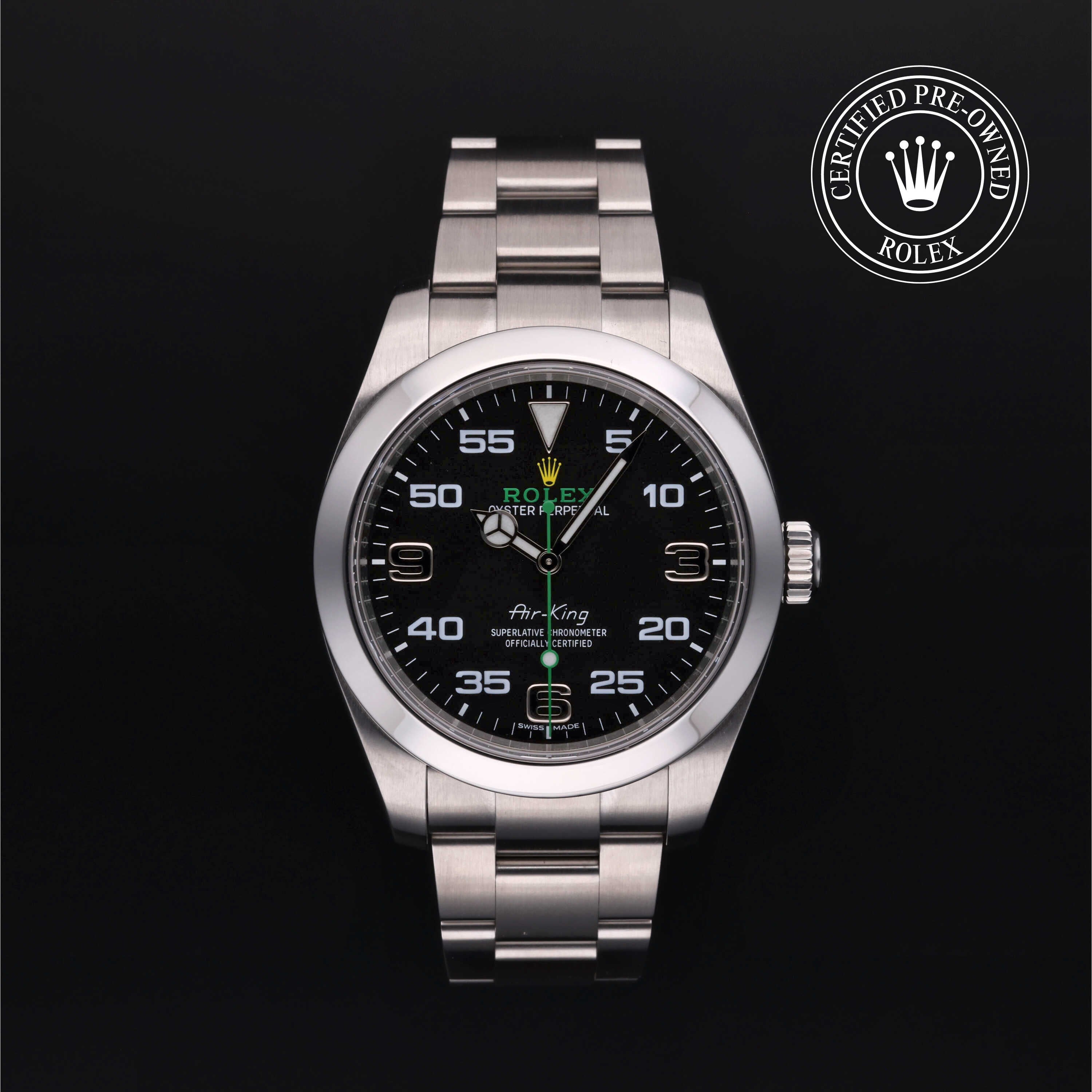 Rolex Certified Pre-owned Air-King M116900-0001 front on black background