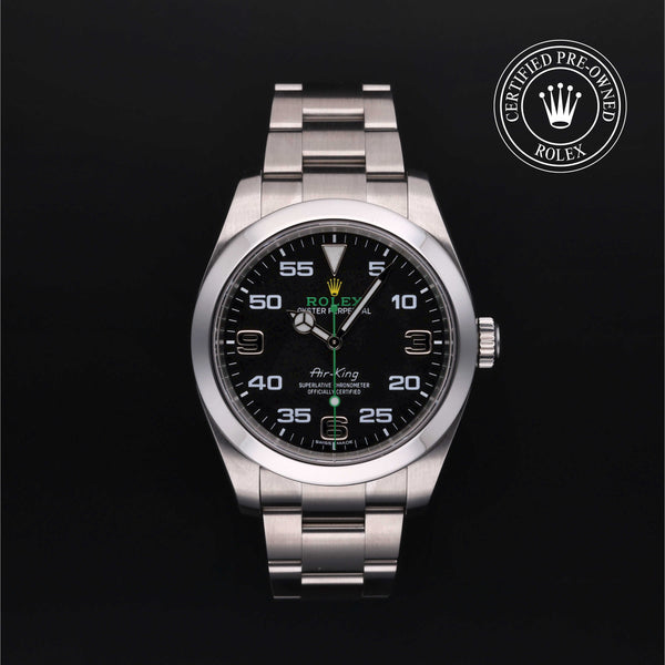 Rolex Certified Pre-owned Air-King M116900-0001 front on black background