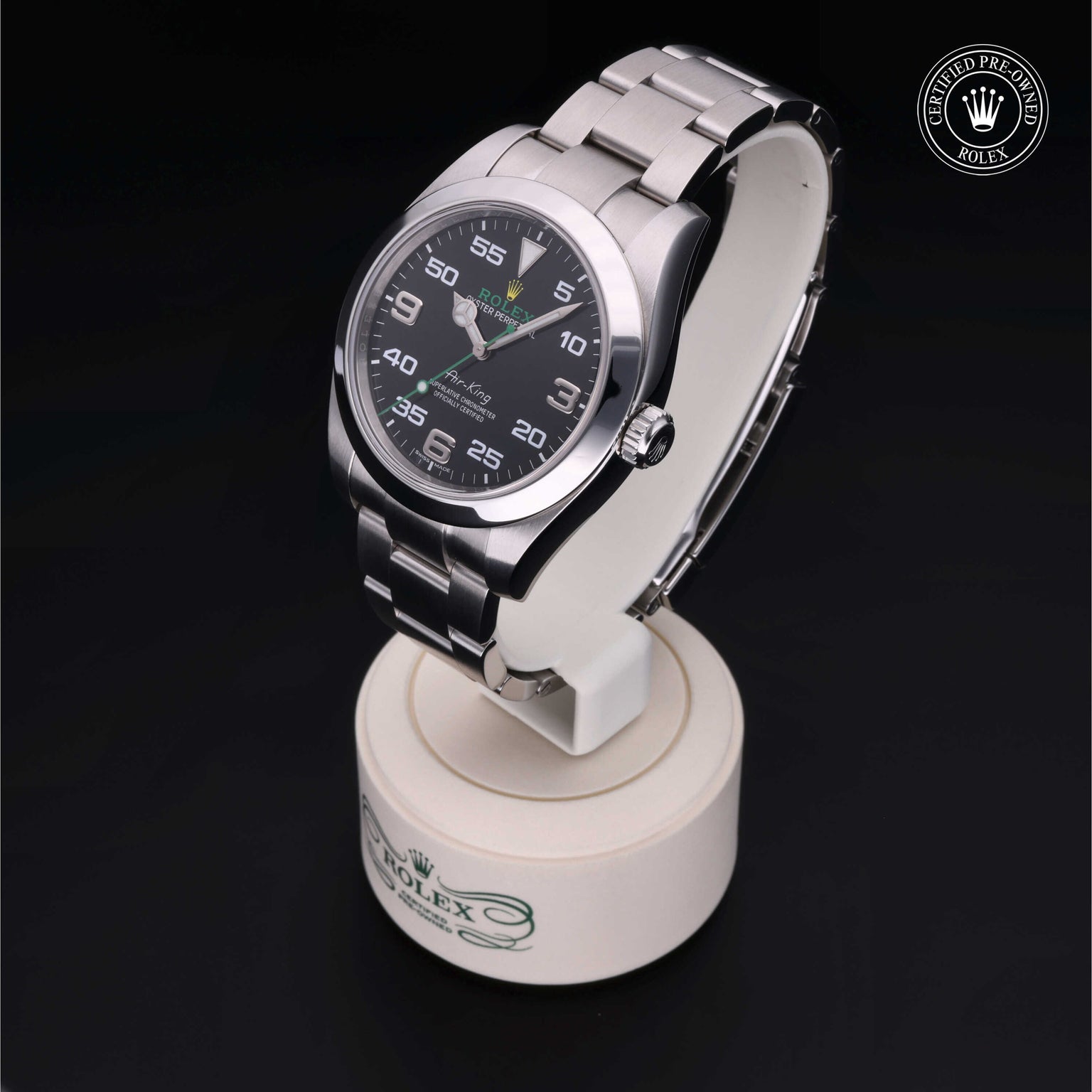 Rolex Certified Pre-owned Air-King M116900-0001 front on black background