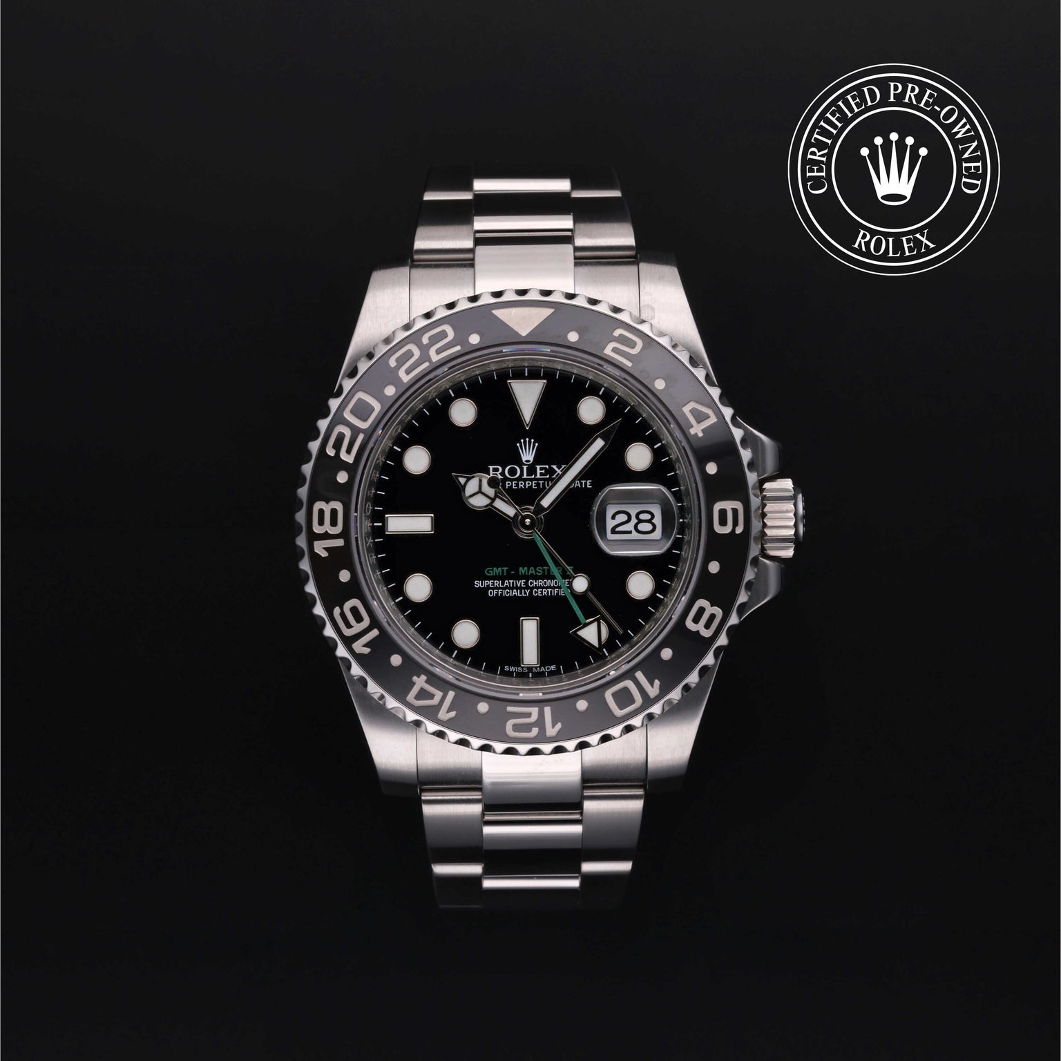 Rolex Certified Pre-owned GMT M116710LN-0001 front on black background