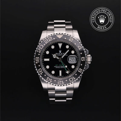 Rolex Certified Pre-owned GMT M116710LN-0001 front on black background