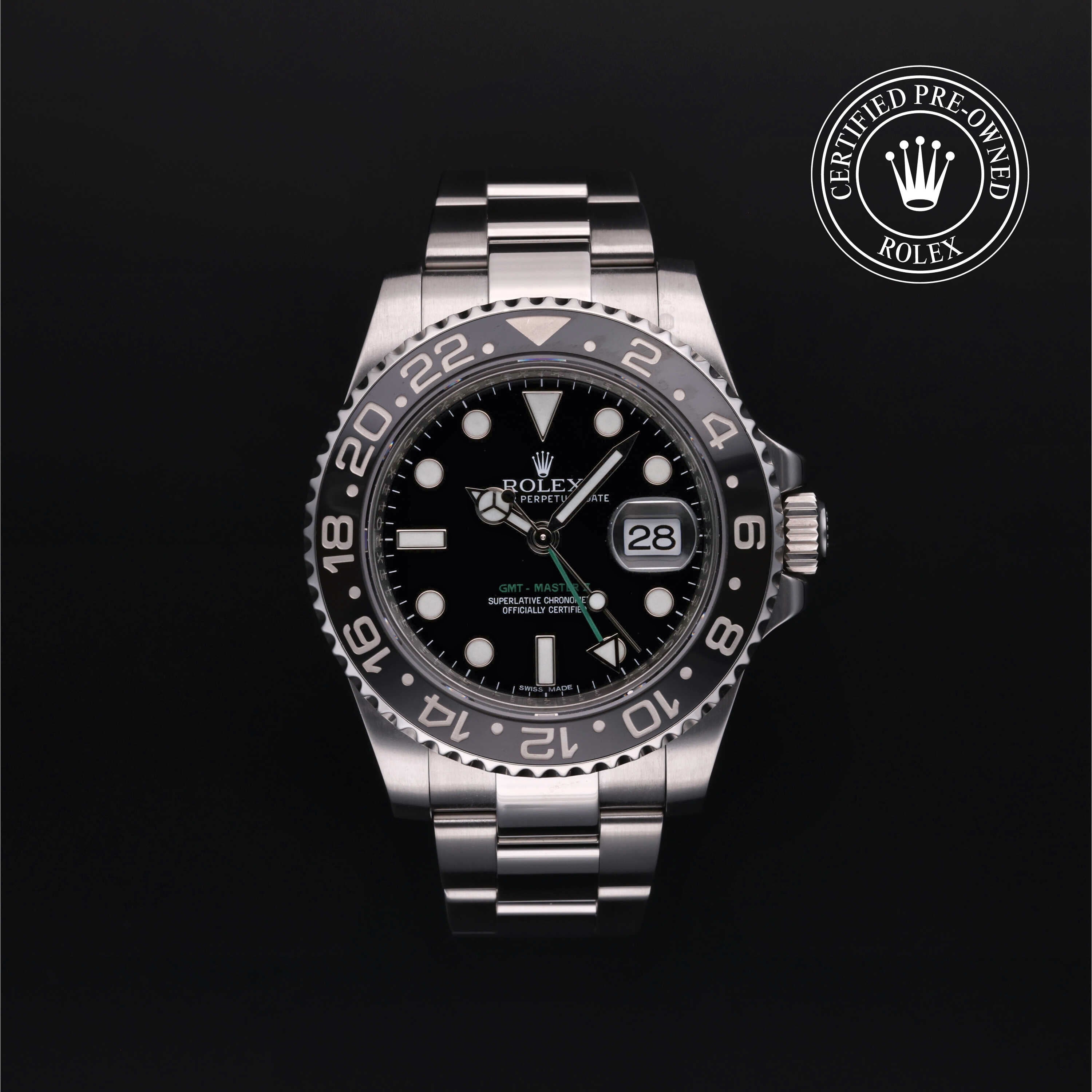 Rolex Certified Pre-owned GMT M116710LN-0001 front on black background
