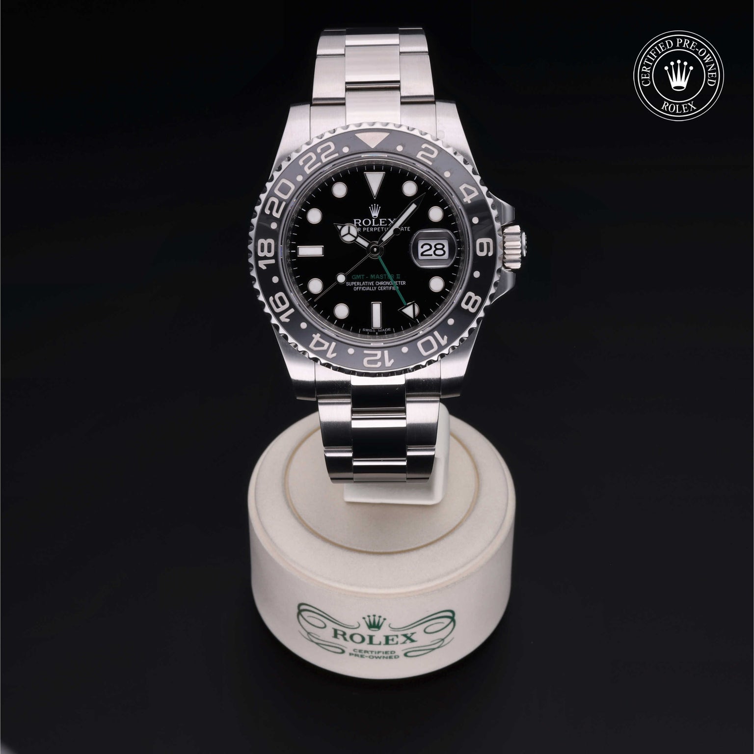 Rolex Certified Pre-owned GMT M116710LN-0001 front on black background