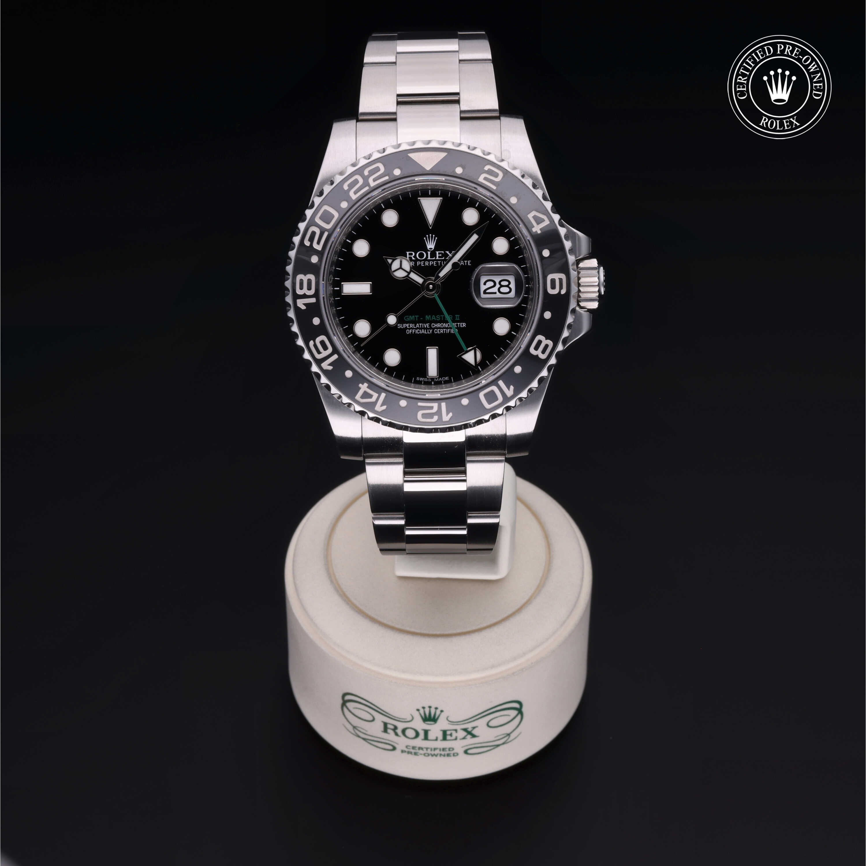 Rolex Certified Pre-owned GMT M116710LN-0001 front on black background