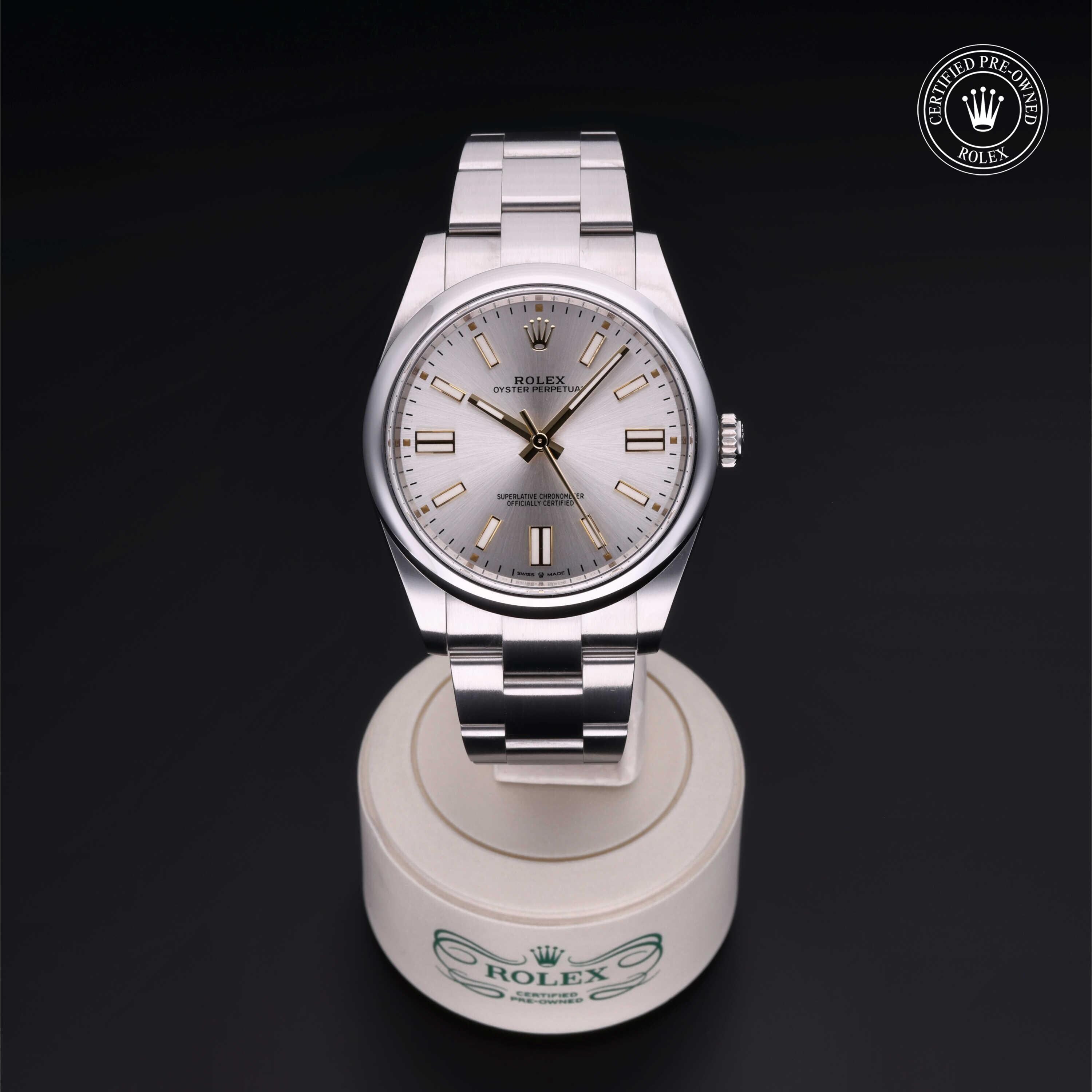 Rolex CPO Oyster Perpetual M124300 front on white background
