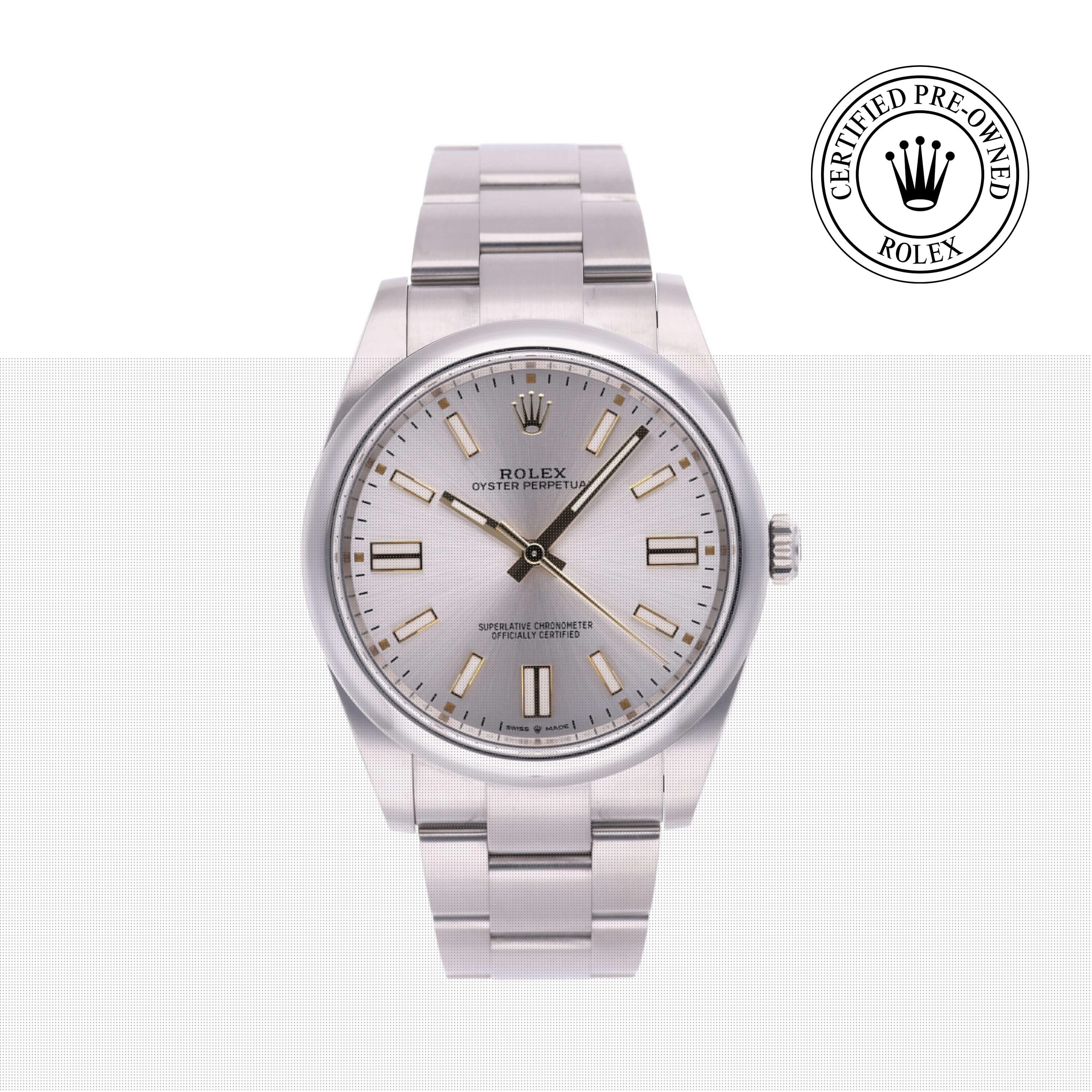 Rolex CPO Oyster Perpetual M124300 front on white background