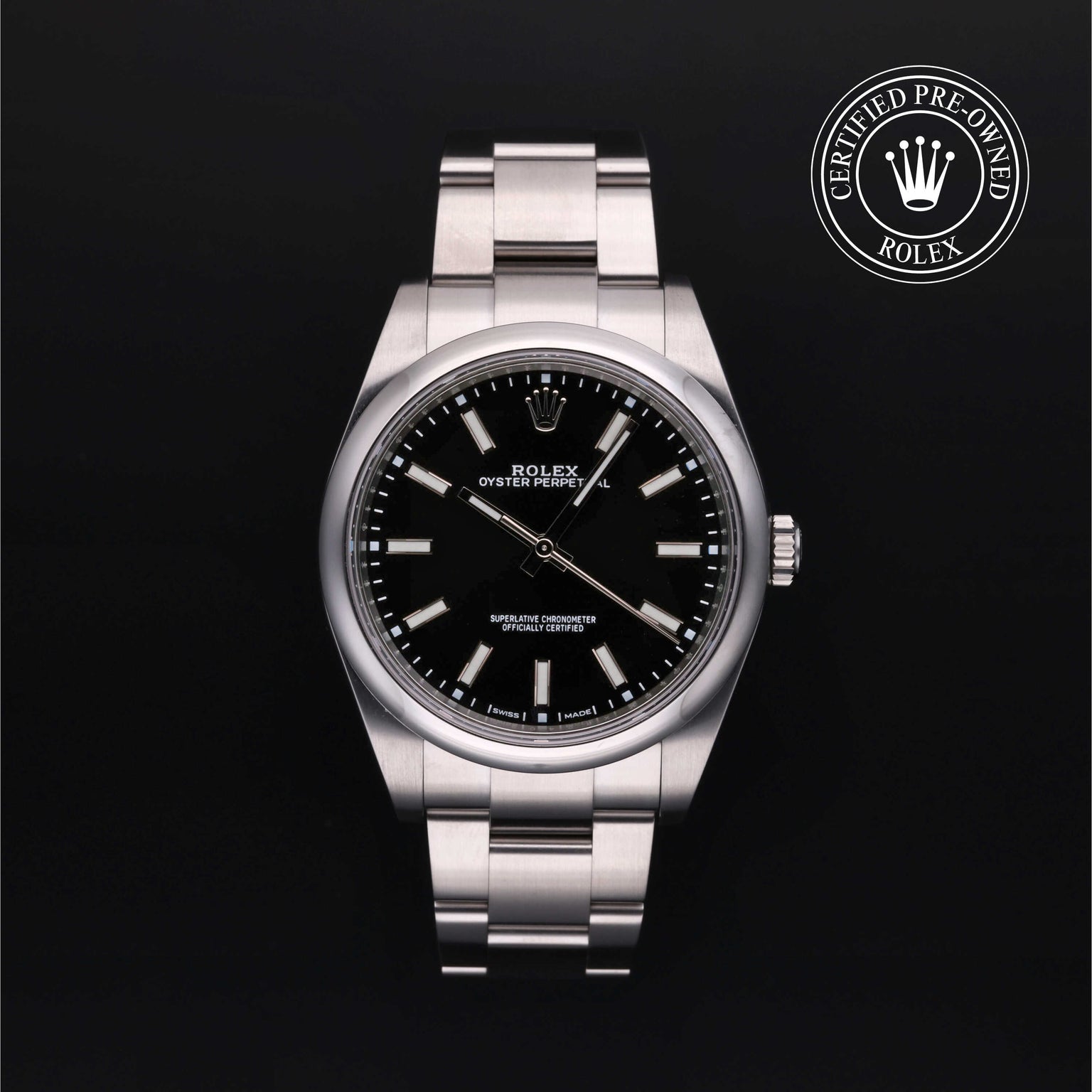 Rolex Certified Pre-owned Oyster Perpetual M114300-0005 front on black background