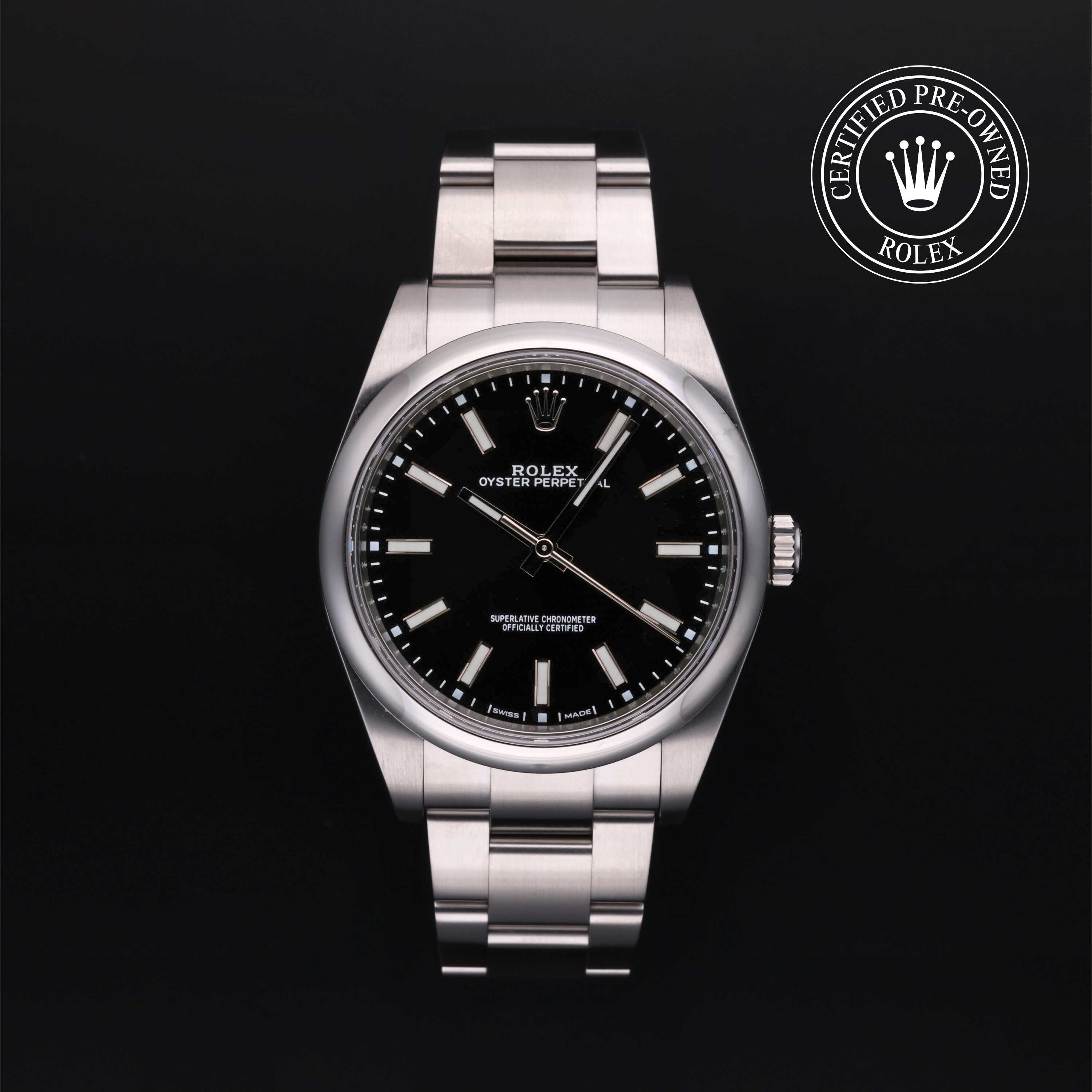 Rolex Certified Pre-owned Oyster Perpetual M114300-0005 front on black background