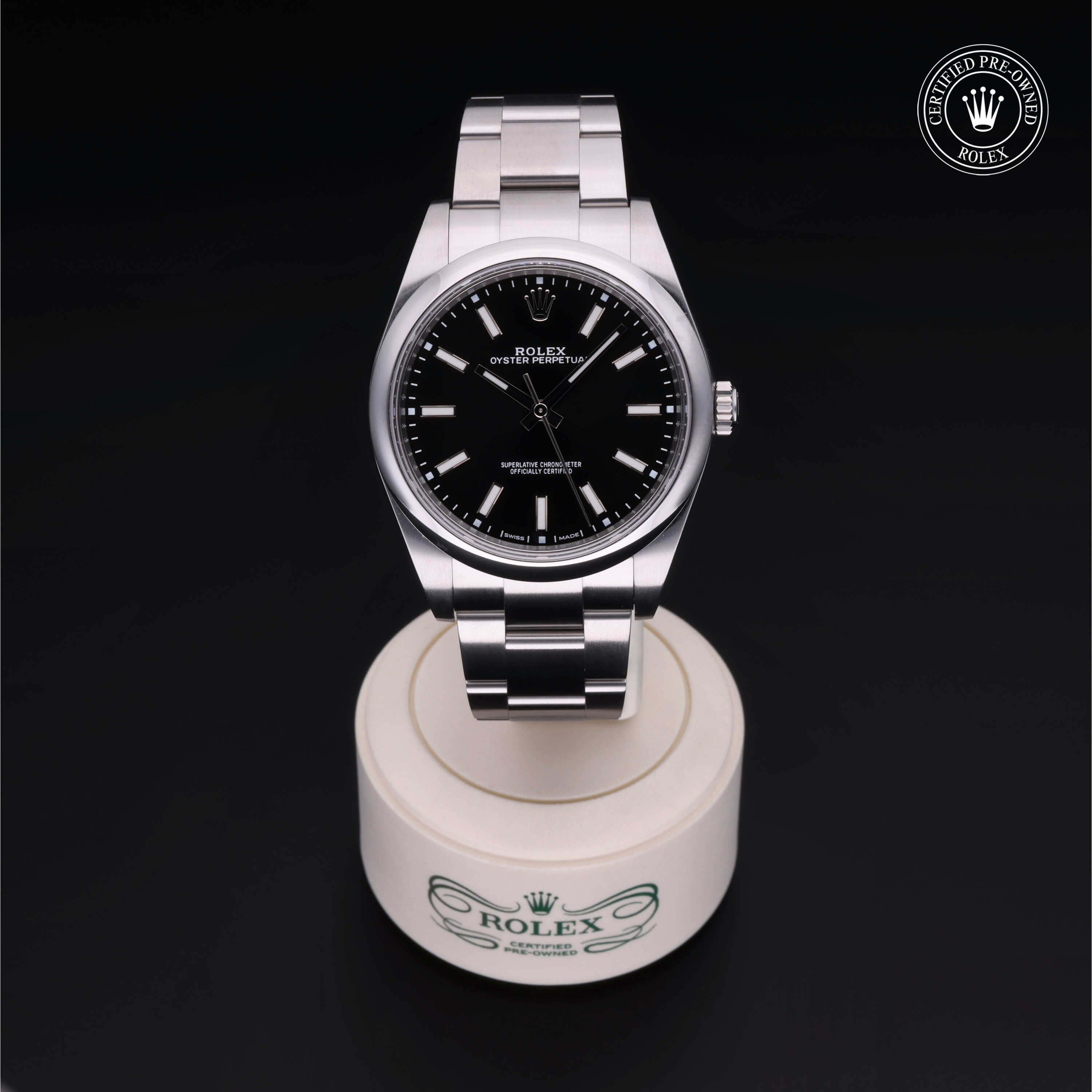 Rolex Certified Pre-owned Oyster Perpetual M114300-0005 front on black background