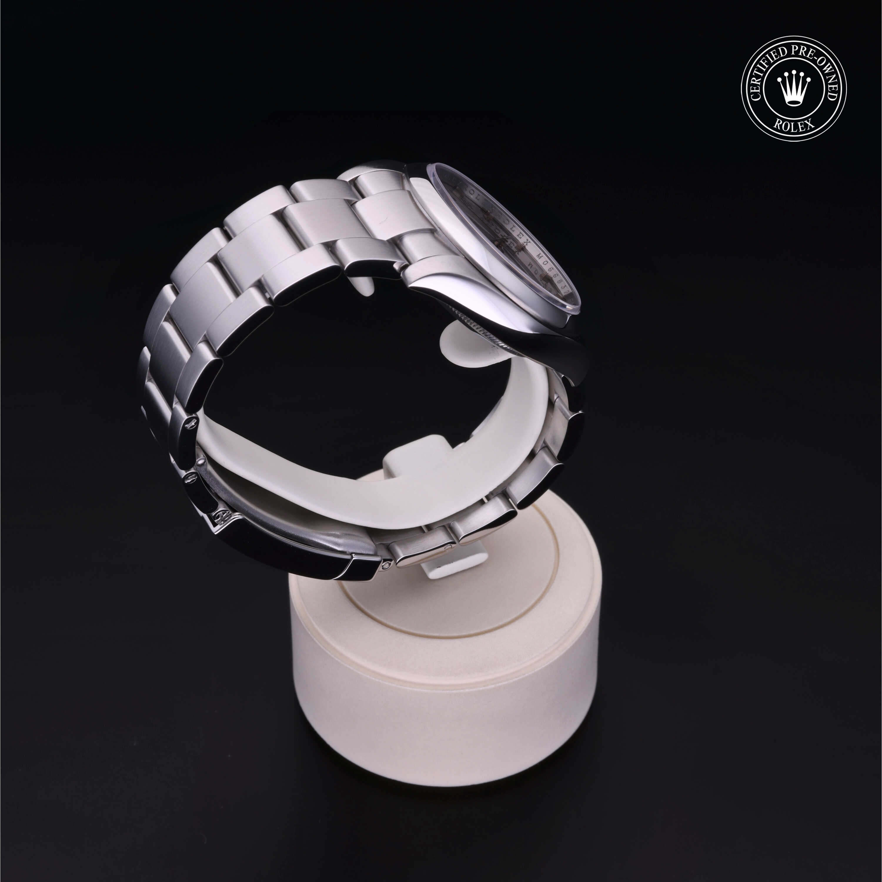 Rolex Certified Pre-owned Air-King M114200-0007 front on black background