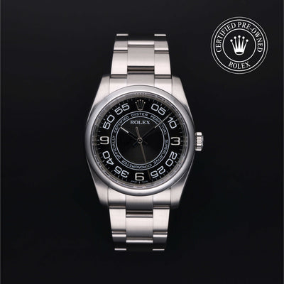 Rolex Certified Pre-owned Oyster Perpetual M116000-0005 front on black background