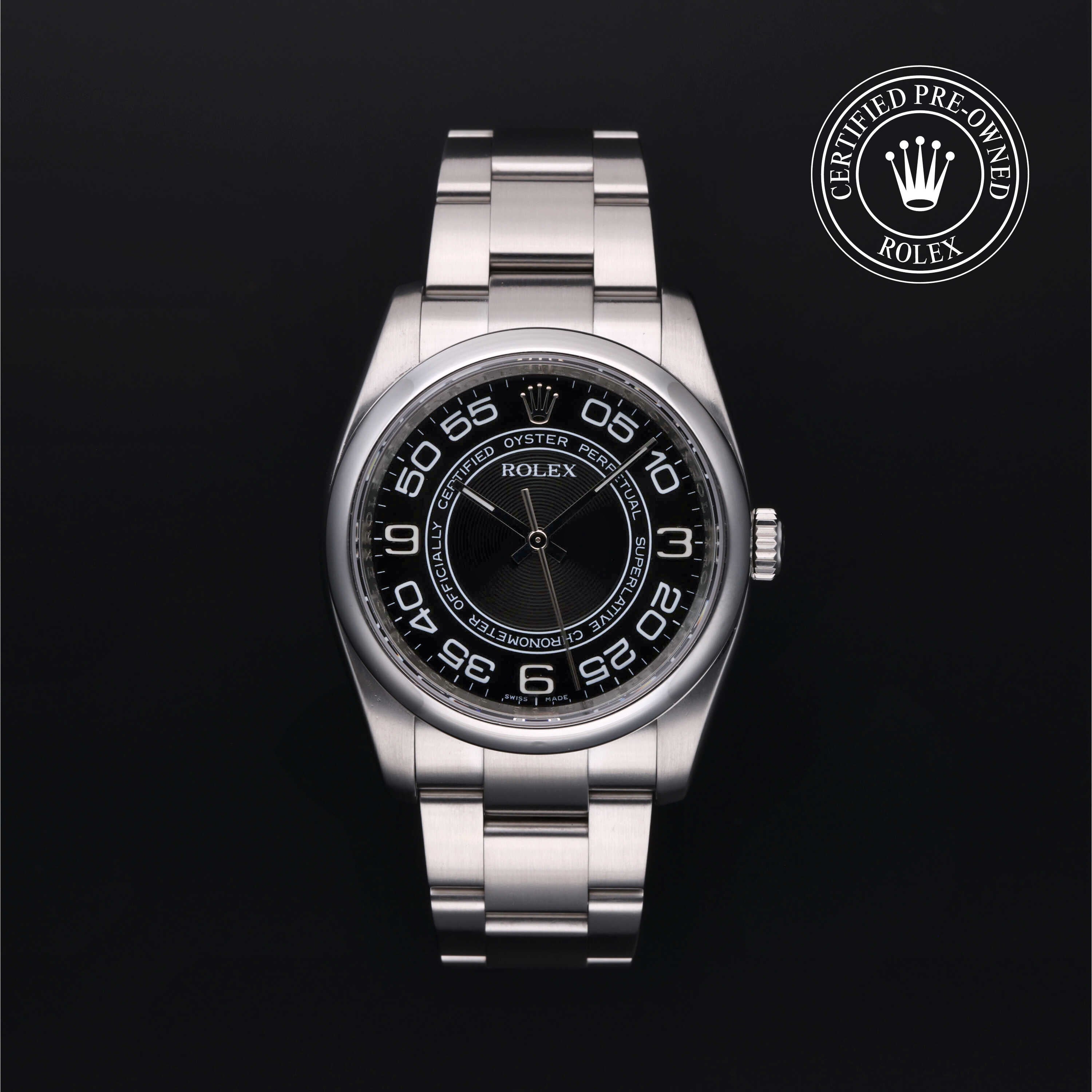 Rolex Certified Pre-owned Oyster Perpetual M116000-0005 front on black background