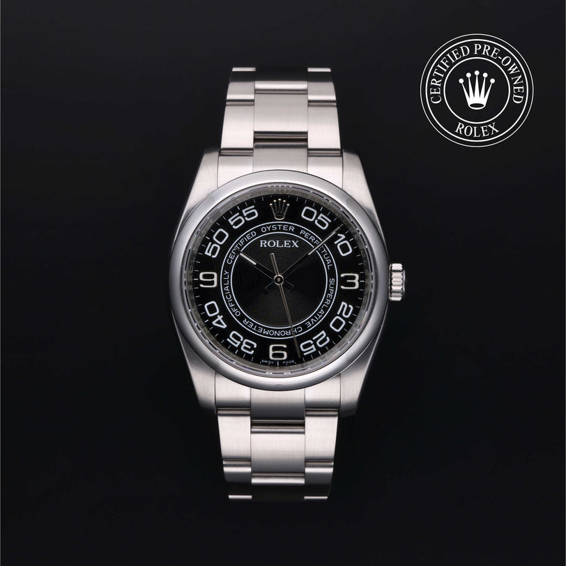 Rolex Certified Pre-owned Oyster Perpetual M116000-0005 front on black background