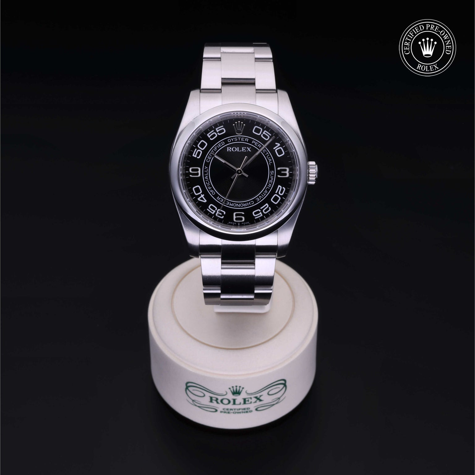 Rolex Certified Pre-owned Oyster Perpetual M116000-0005 front on black background