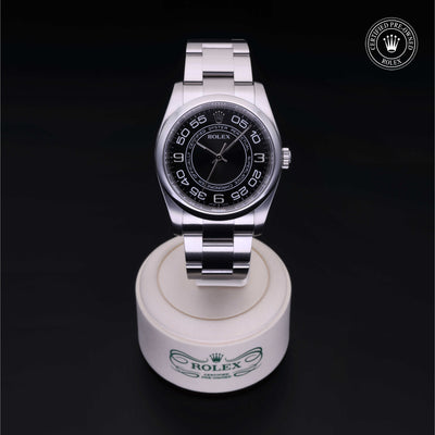 Rolex Certified Pre-owned Oyster Perpetual M116000-0005 front on black background