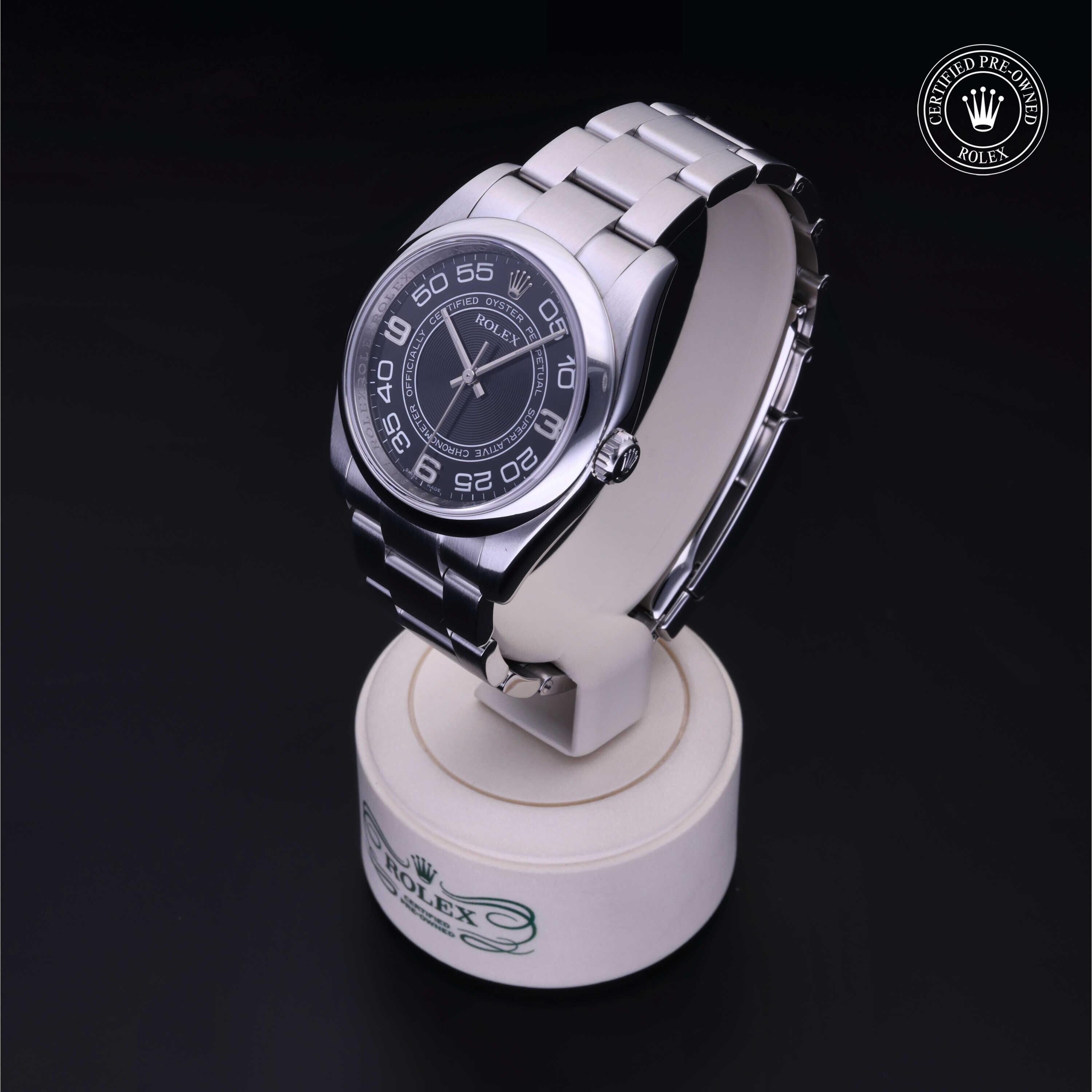 Rolex Certified Pre-owned Oyster Perpetual M116000-0005 front on black background