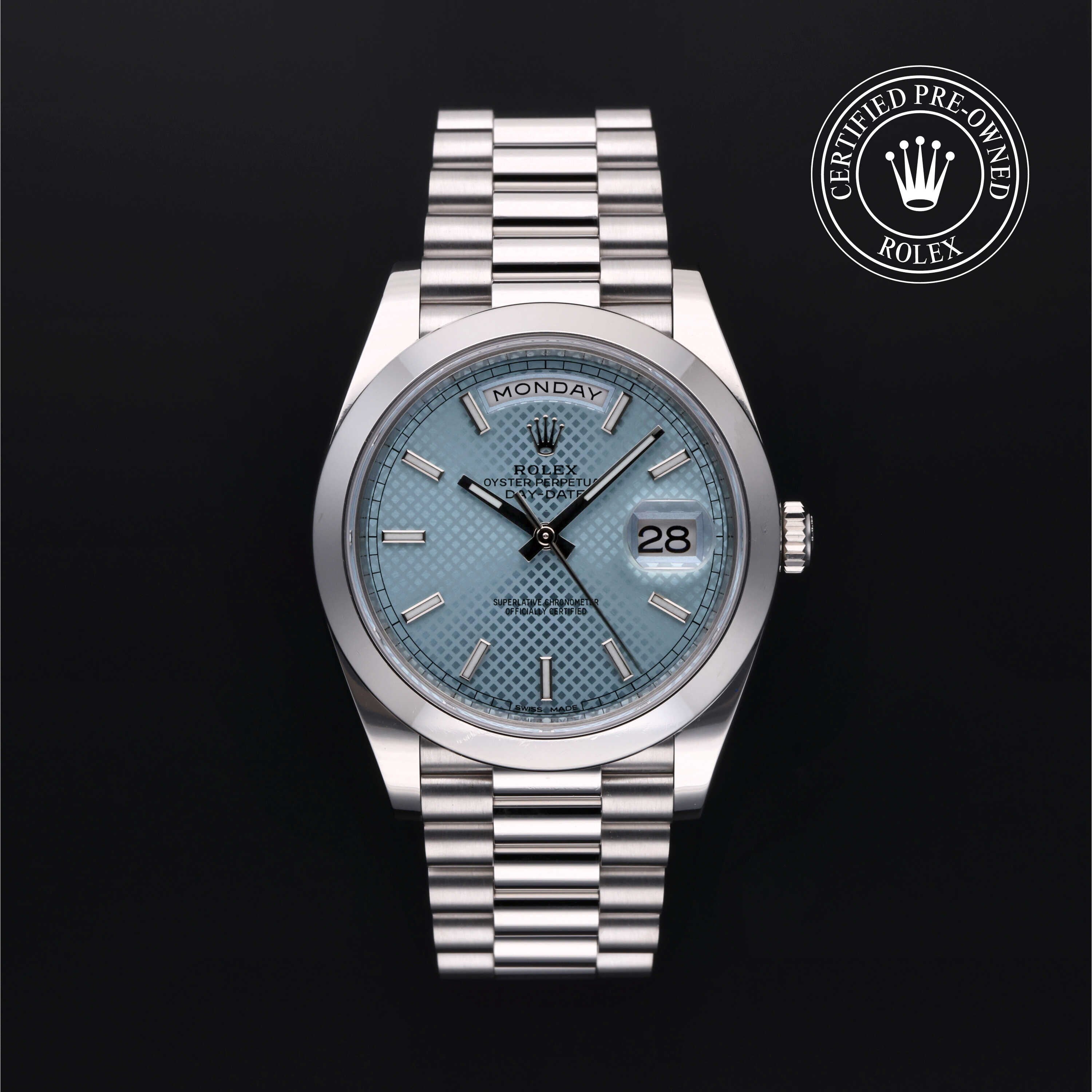 Rolex Certified Pre-owned Day-date M228206-0028 front on black background
