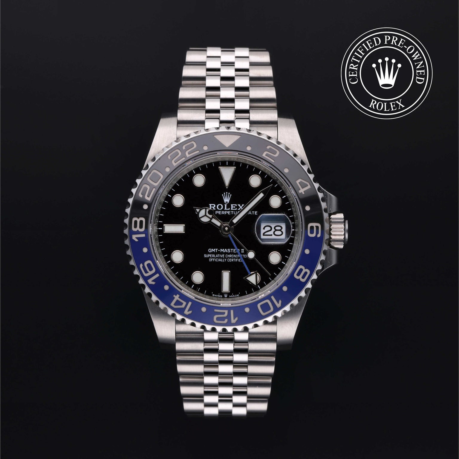 Rolex Certified Pre-owned GMT M126710BLNR-0002 front on black background