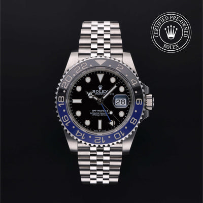 Rolex Certified Pre-owned GMT M126710BLNR-0002 front on black background