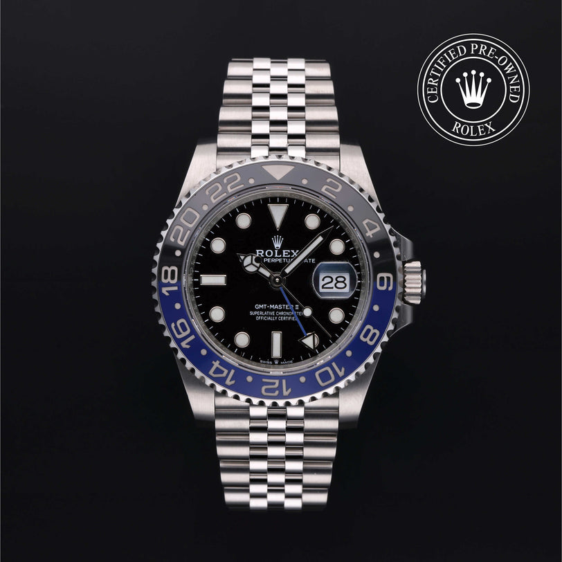 Rolex Certified Pre-owned GMT M126710BLNR-0002 front on black background