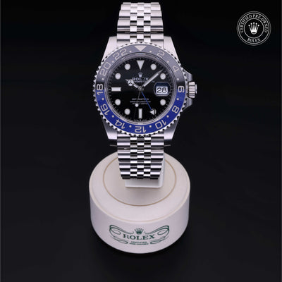 Rolex Certified Pre-owned GMT M126710BLNR-0002 front on black background