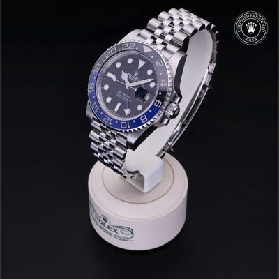 Rolex Certified Pre-owned GMT M126710BLNR-0002 front on black background