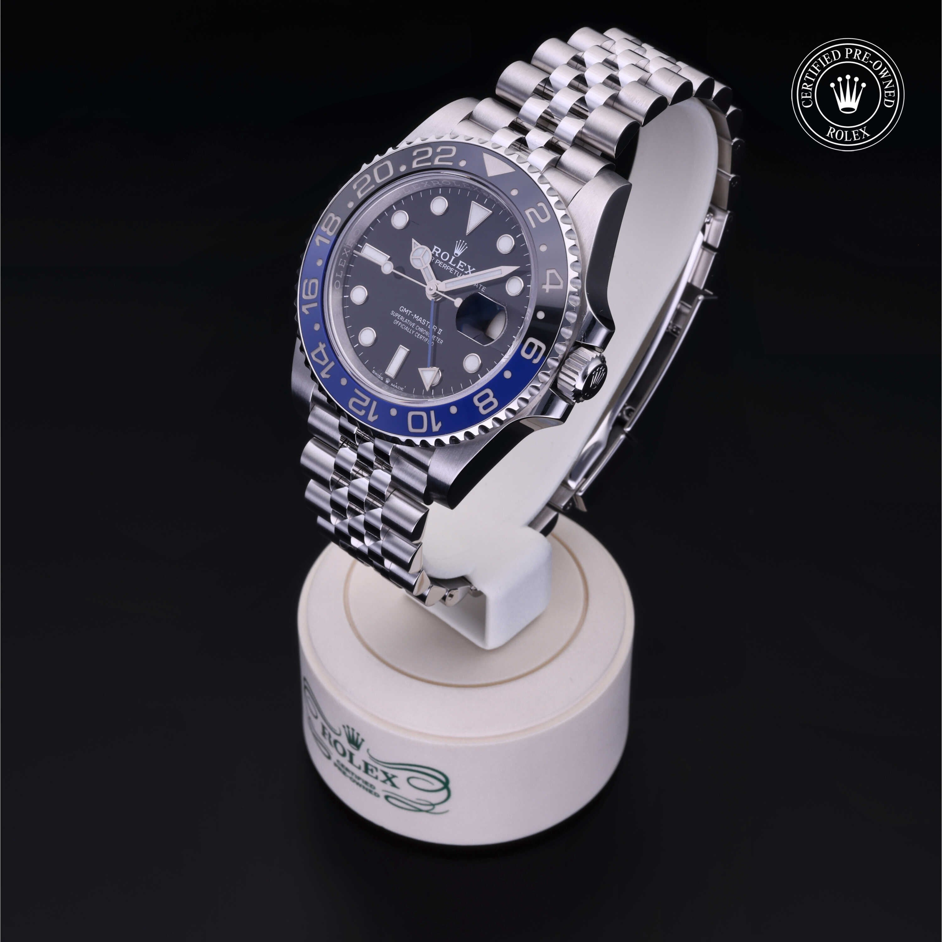 Rolex Certified Pre-owned GMT M126710BLNR-0002 front on black background