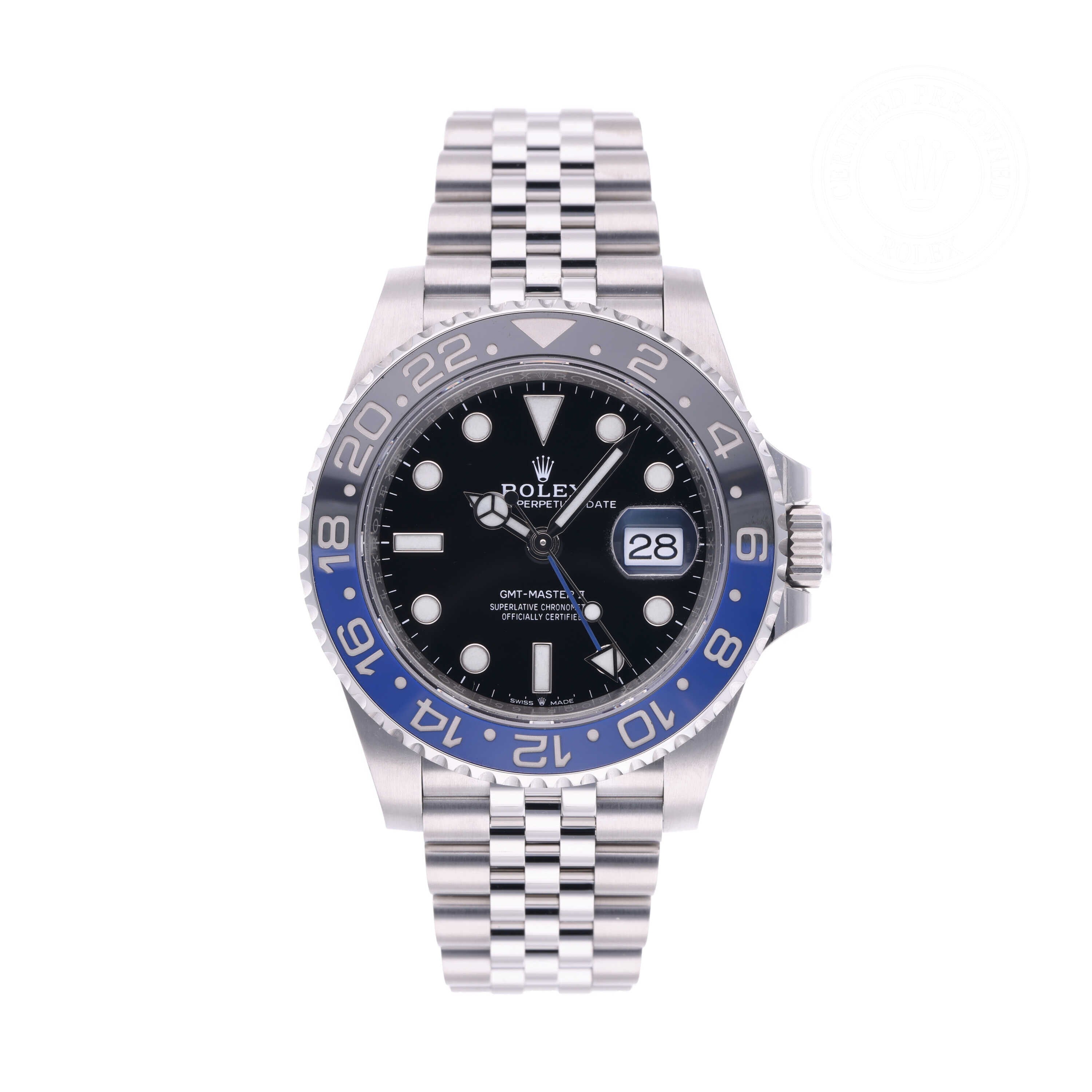 Rolex Certified Pre-owned GMT M126710BLNR-0002 front on white background