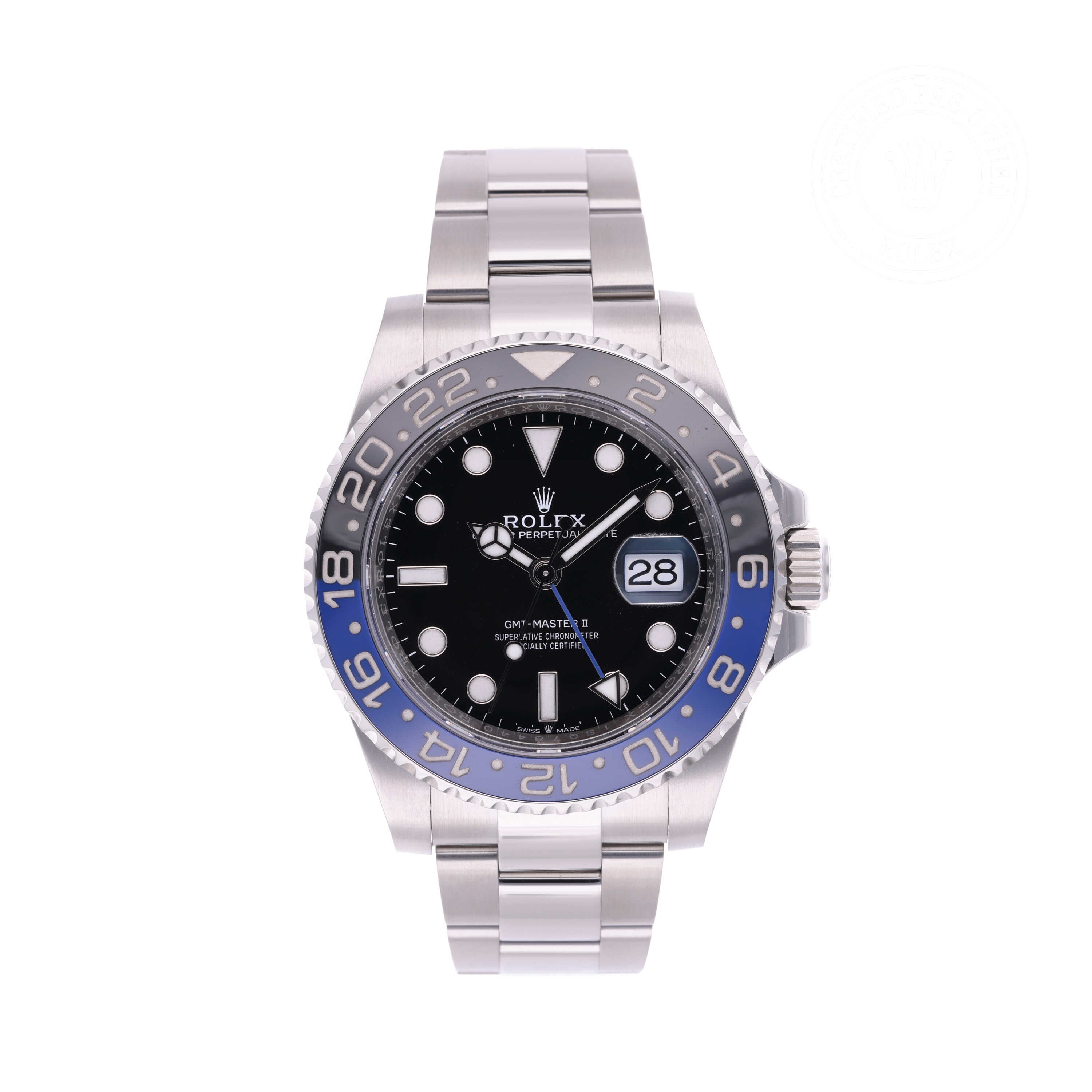 Rolex Certified Pre-owned GMT M126710BLNR-0003 front on white background