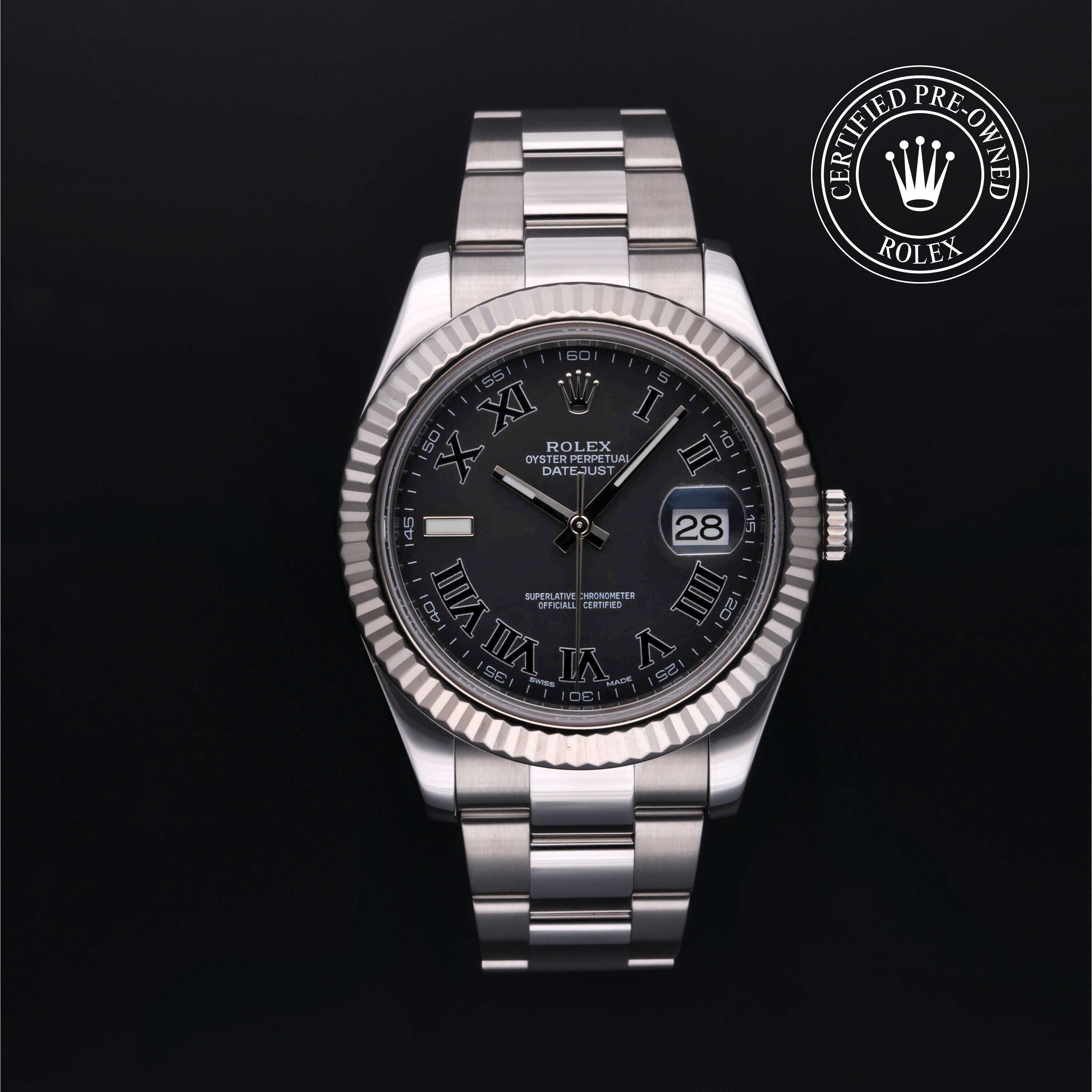 Rolex Certified Pre-owned Datejust M116334-0002 front on black background