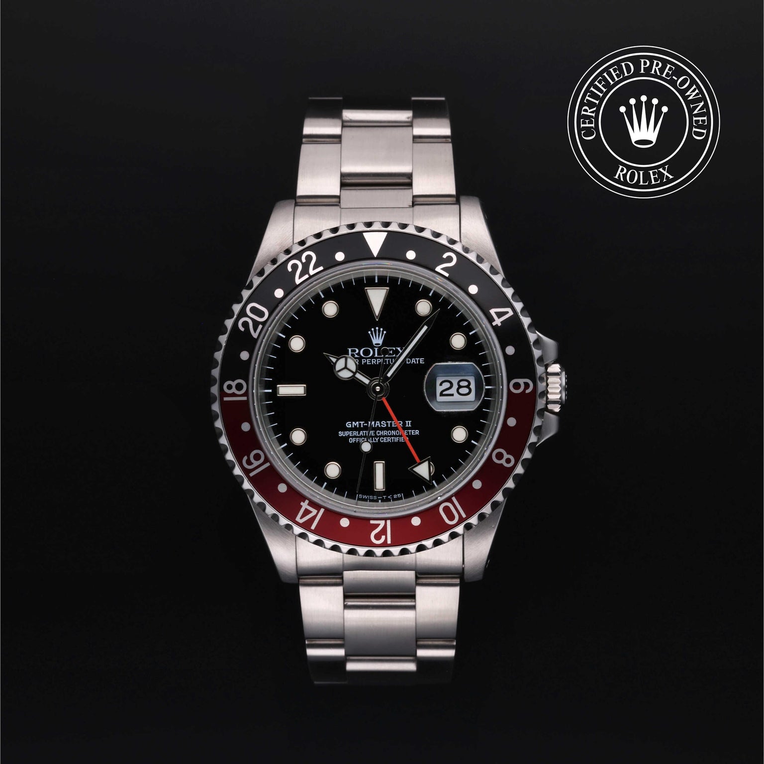 Rolex Certified Pre-owned GMT M16710-0009 front on black background