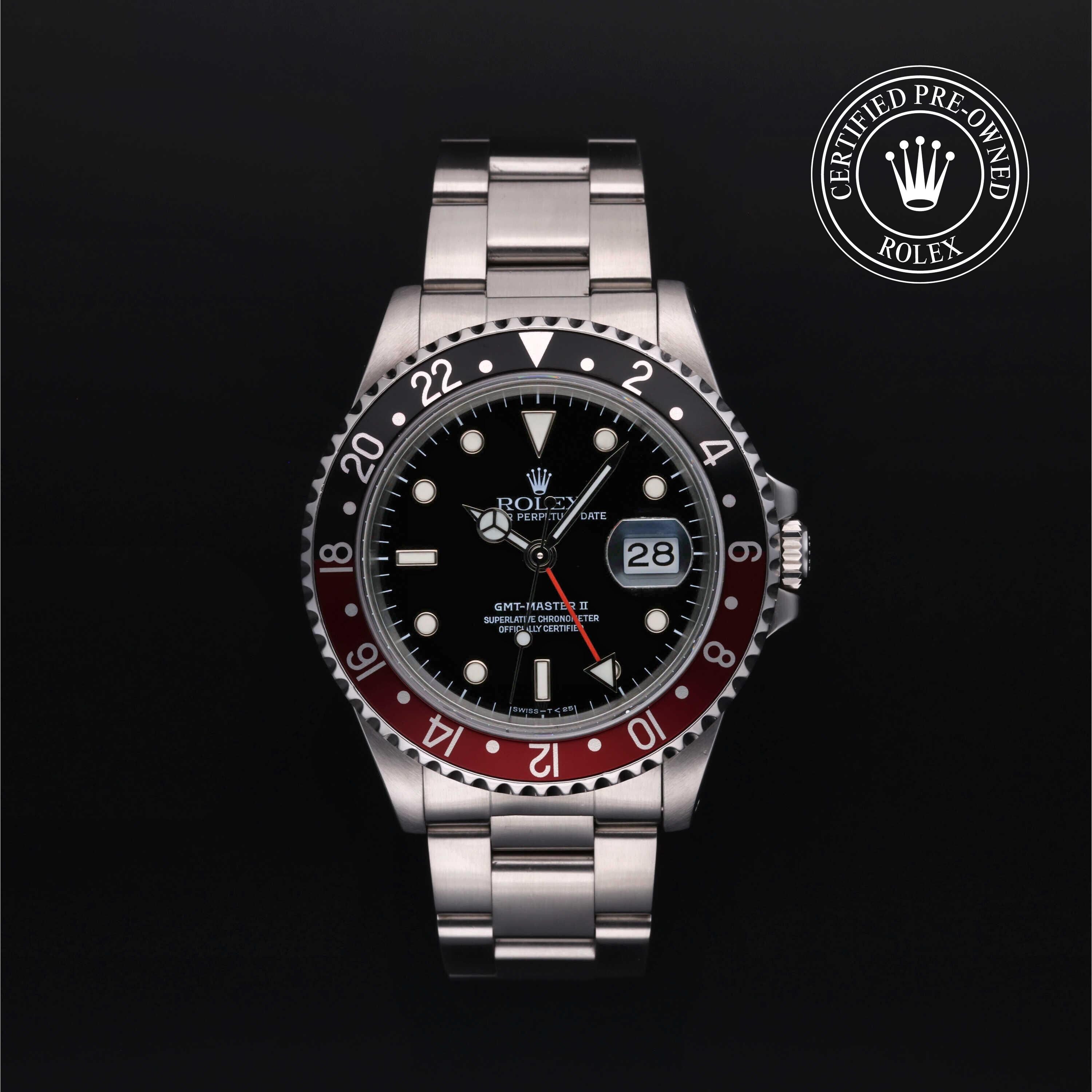 Rolex Certified Pre-owned GMT M16710-0009 front on black background