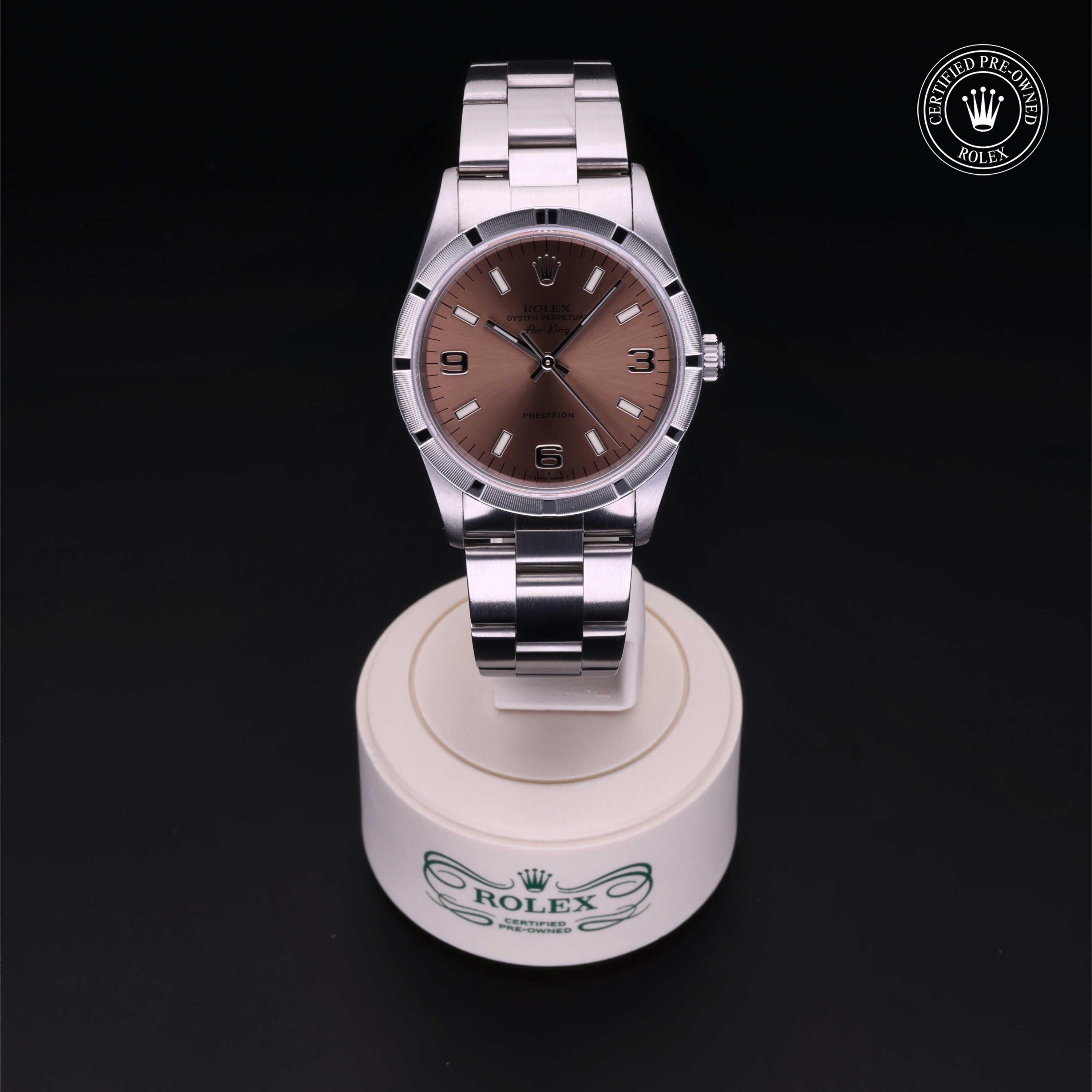 Rolex Certified Pre-owned Air-King M14010-0001 front on black background