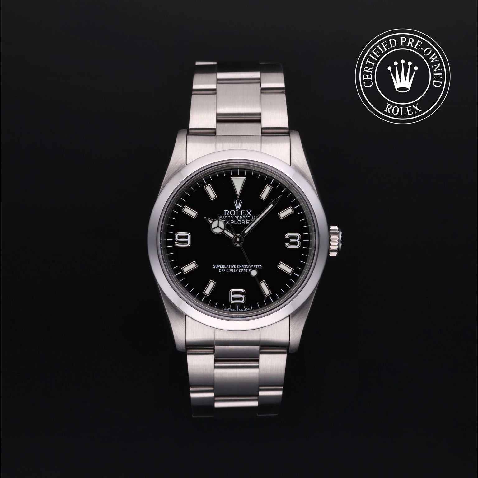 Rolex Certified Pre-owned Explorer M14270-0003 front on black background