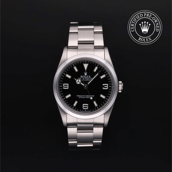 Rolex Certified Pre-owned Explorer M14270-0003 front on black background