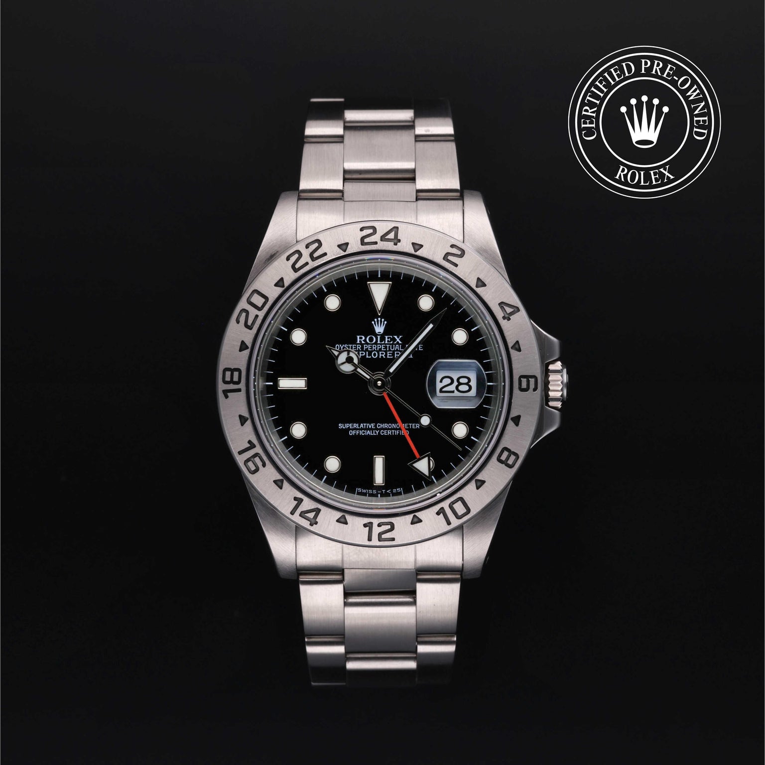 Rolex Certified Pre-owned Explorer M16570-0005 front on black background