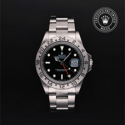 Rolex Certified Pre-owned Explorer M16570-0005 front on black background