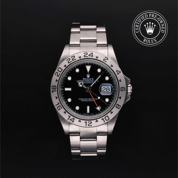 Rolex Certified Pre-owned Explorer M16570-0005 front on black background